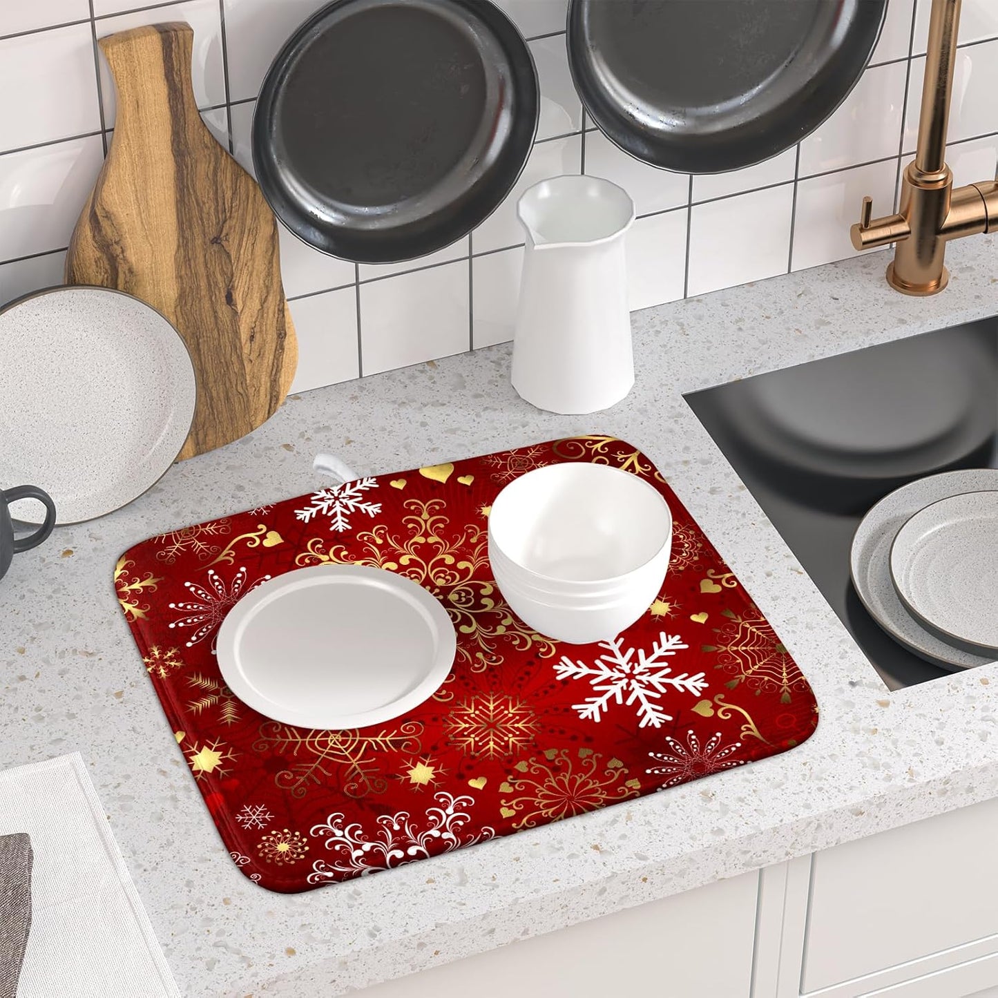 Red Snowflake Dish Drying Mat for Kitchen Counter Holiday Super Absorbent Reversible Microfiber Kitchen Countertop Protector Dishes Pad Small 16x18 inch