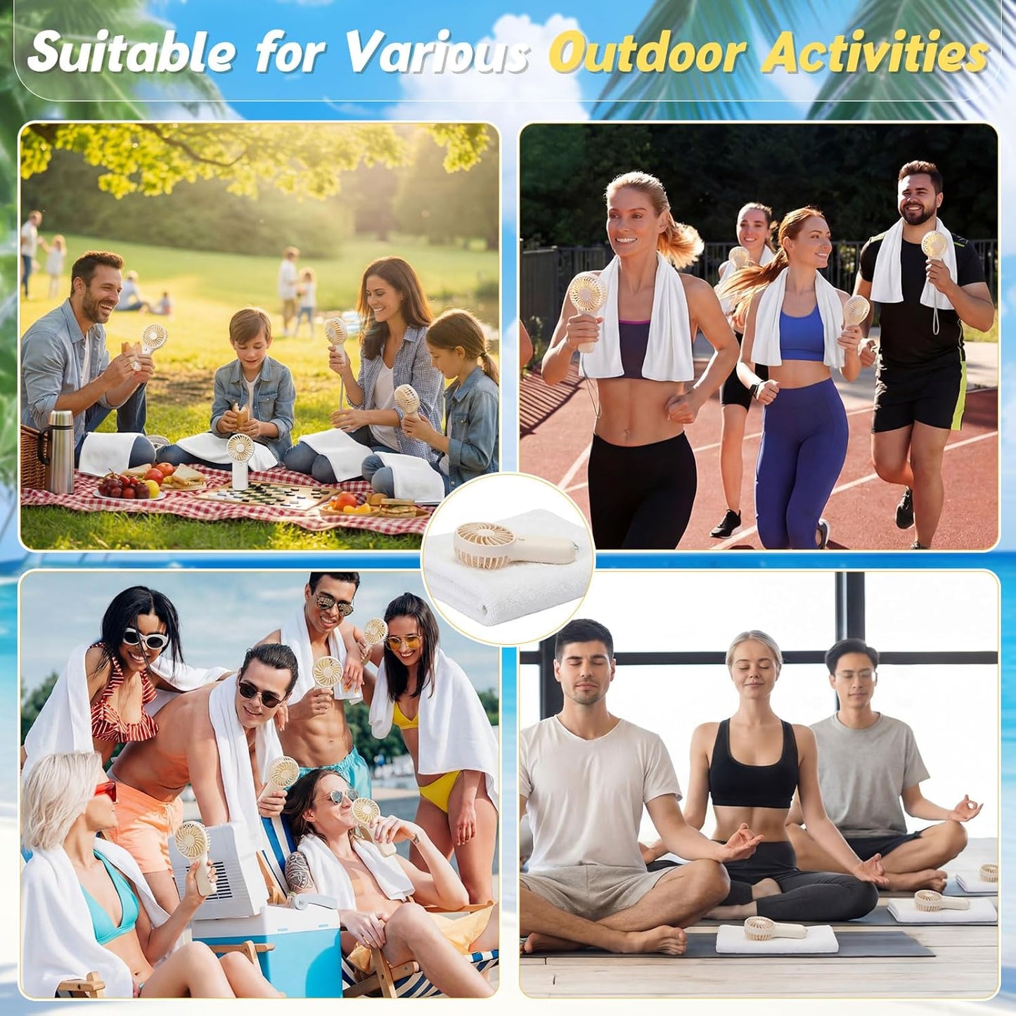 Hortsun 24 Pcs Summer Sets Includes 40"x12" Cooling Towels and Mini Handheld Fan Bulk, Workout Towel Sweat Towels for Hot Weather Gym, Portable Small Fan for Summer Team Travel Gifts (White)