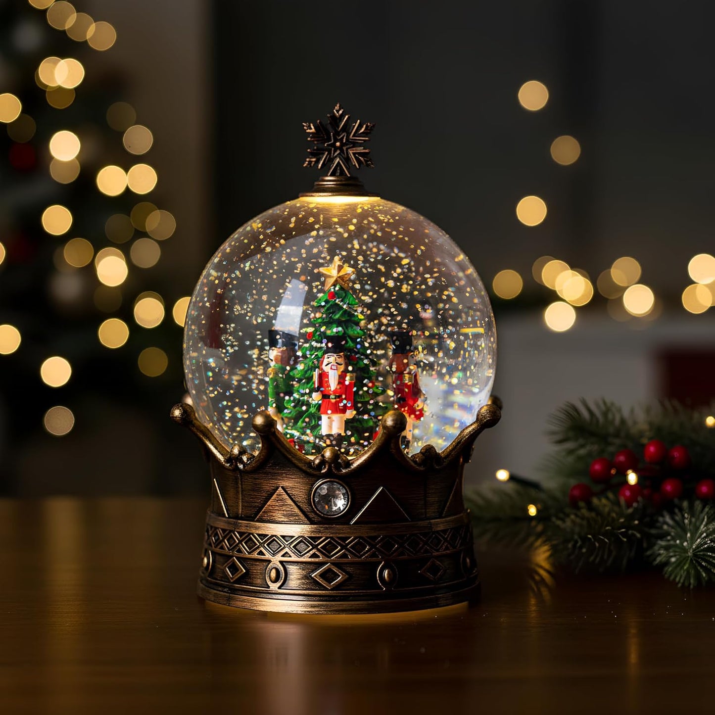 Christmas Snow Globe Lantern Water Glittering Nutcracker Crown with Music, USB Lined/Battery Operated Lighted Lantern for Christmas Festival Decoration Gifts