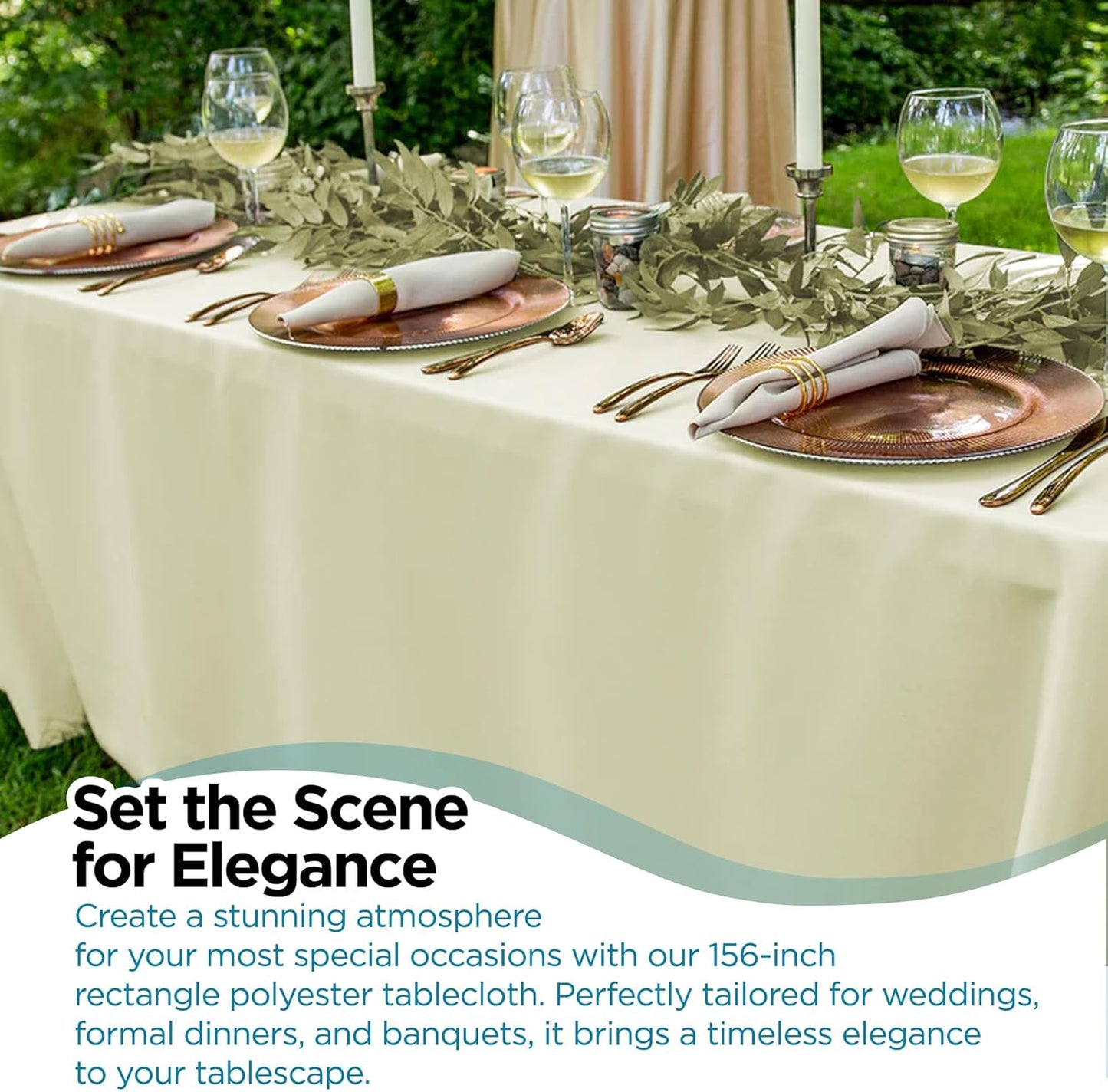 2 Pack 90 x 156 Inch Rectangle Ivory Polyester Tablecloth, Table Cover, Stain and Wrinkle Resistant, Washable for Dining Table, Wedding Reception, Banquet, Party