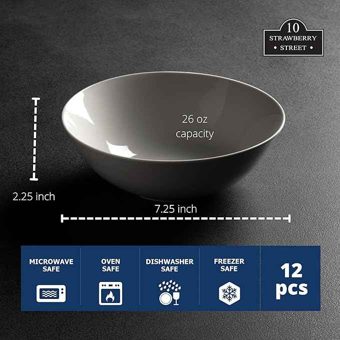 10 Strawberry Street 7" Catering Coupe Cereal Bowl, Set of 12,White