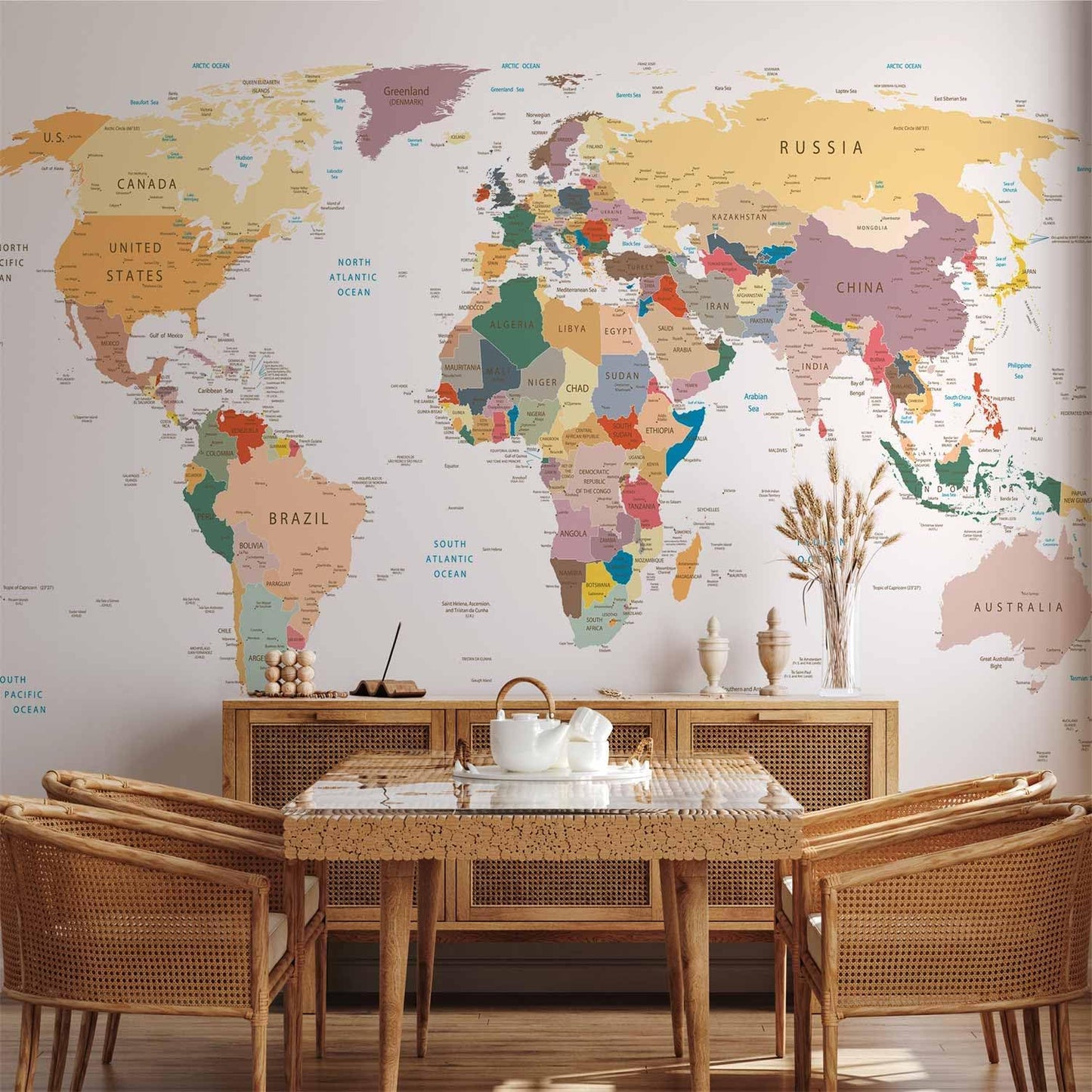 artgeist Premium Wall Mural World Map 177x124 in - XXL Non-Woven Wallpaper Fleece Wall Decor Photo Print Picture Image Design Home Map of The World k-B-0001-a-b