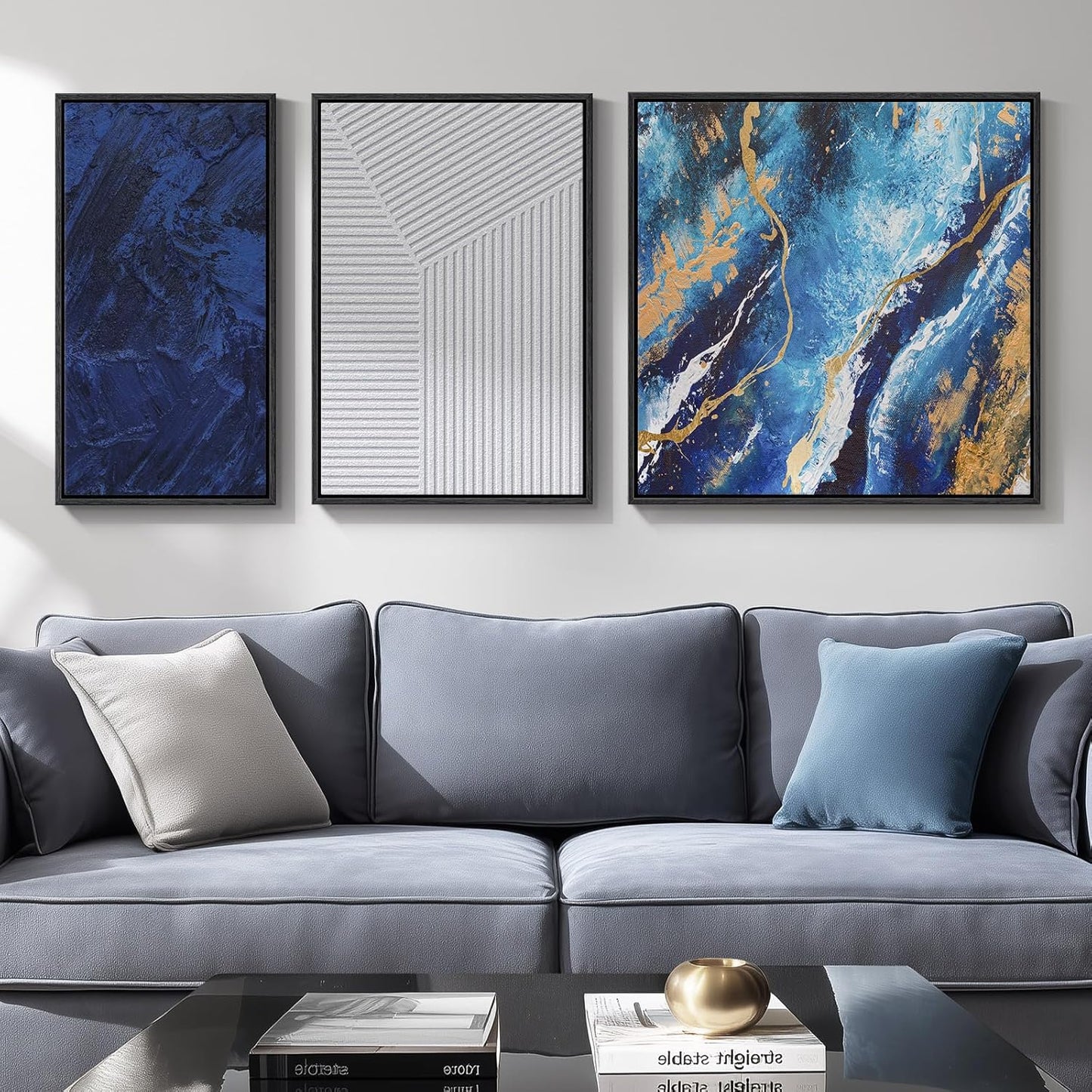 Framed Blue Abstract Wall Art Set, 3-Piece Blue White Gold Canvas Prints Paintings Artwork for Walls, Modern Abstract Pictures for Living Room, Dining Room, Bedroom, Home Office Wall Decor