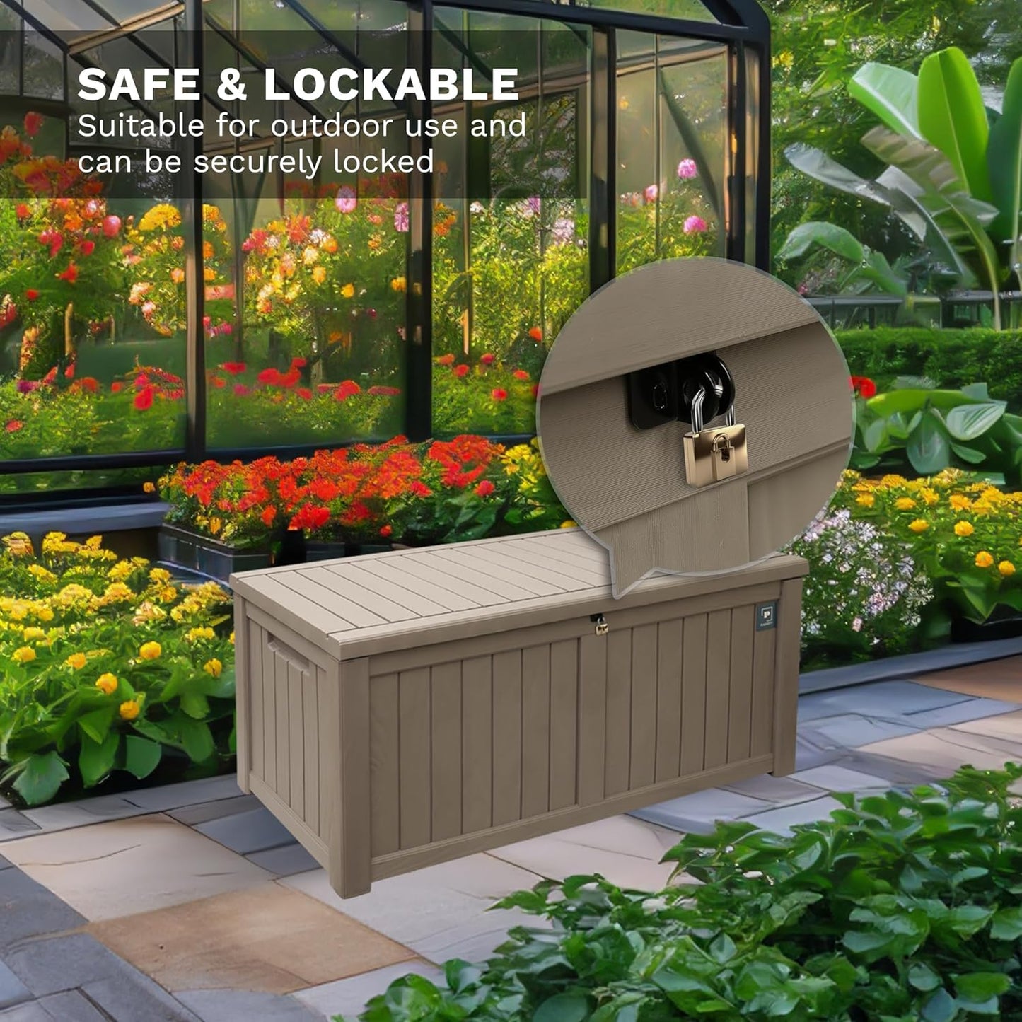 120 Gallon Large Outdoor Storage Box, Durable Deck Boxes Outdoor Waterproof, Resin Waterproof Deck Box for Patio Furniture Outdoor Cushions Garden Tools and Pool Storage (Light Brown, 120Gallon)