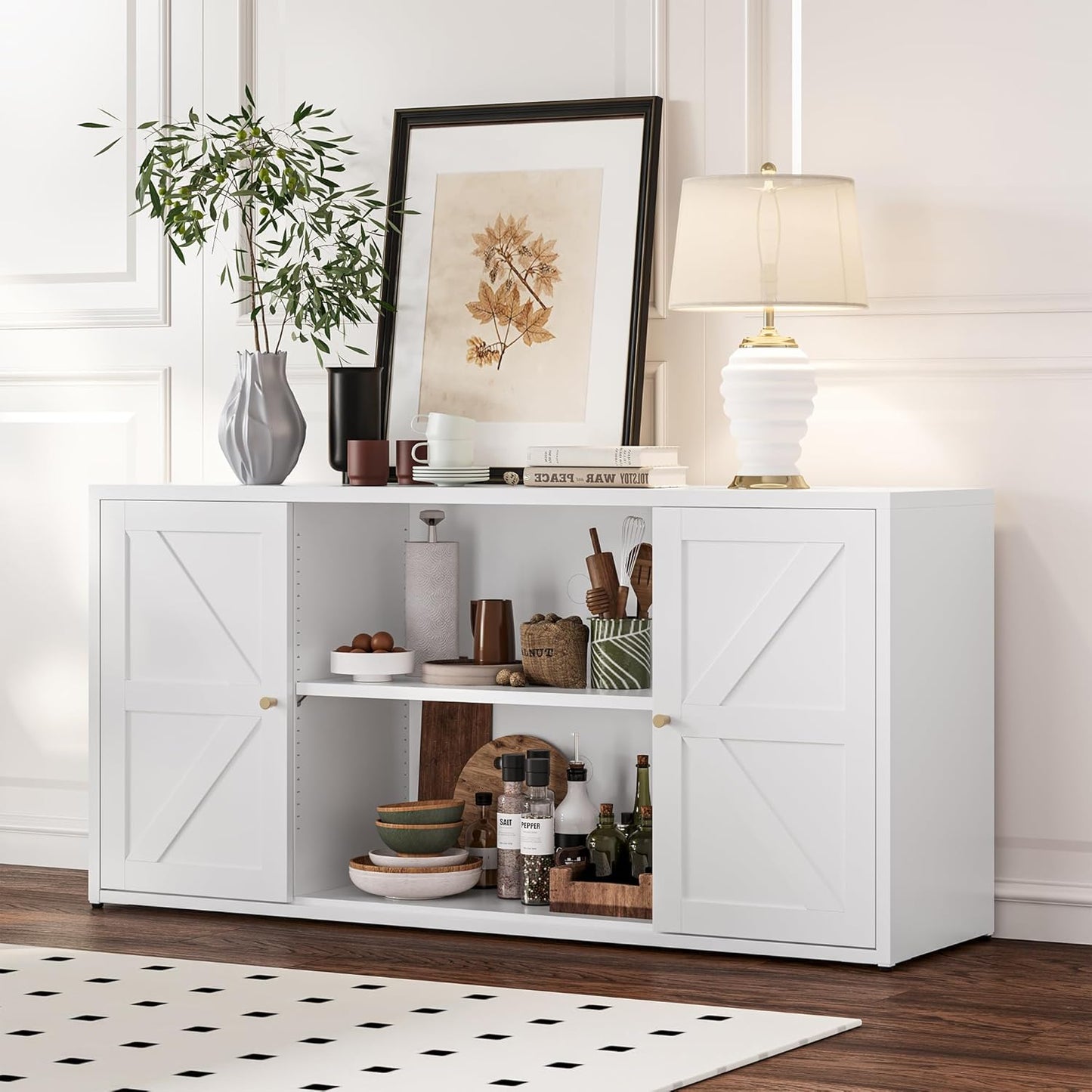 Farmhouse - Style 65 - inch Metal TV Stand: Entertainment Center with Locker, Barn - Style Doors, Adjustable Partition. Medieval Modern Media Console Table for Living Room & Bedroom (White)