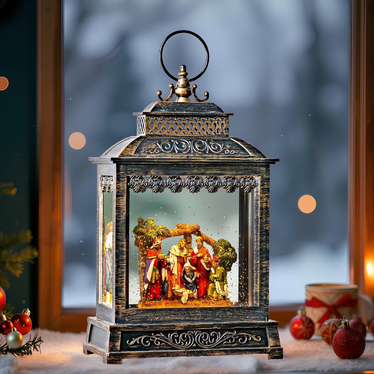 Christmas Snow Globes Lantern Christmas Snow Globe with Music Nativity Scene,6H Timer,USB Lined/Battery Operated Lighted Lantern for Christmas Festival Decoration Gifts
