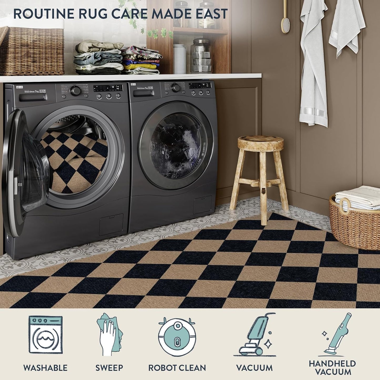 Lahome Checkered Easy Jute Runner Rug, 2x6 Kitchen Mats for Floor Washable Entryway Runner, Checkerboard Black Indoor Outdoor Carpet for Hallway 6ft Entry Laundry