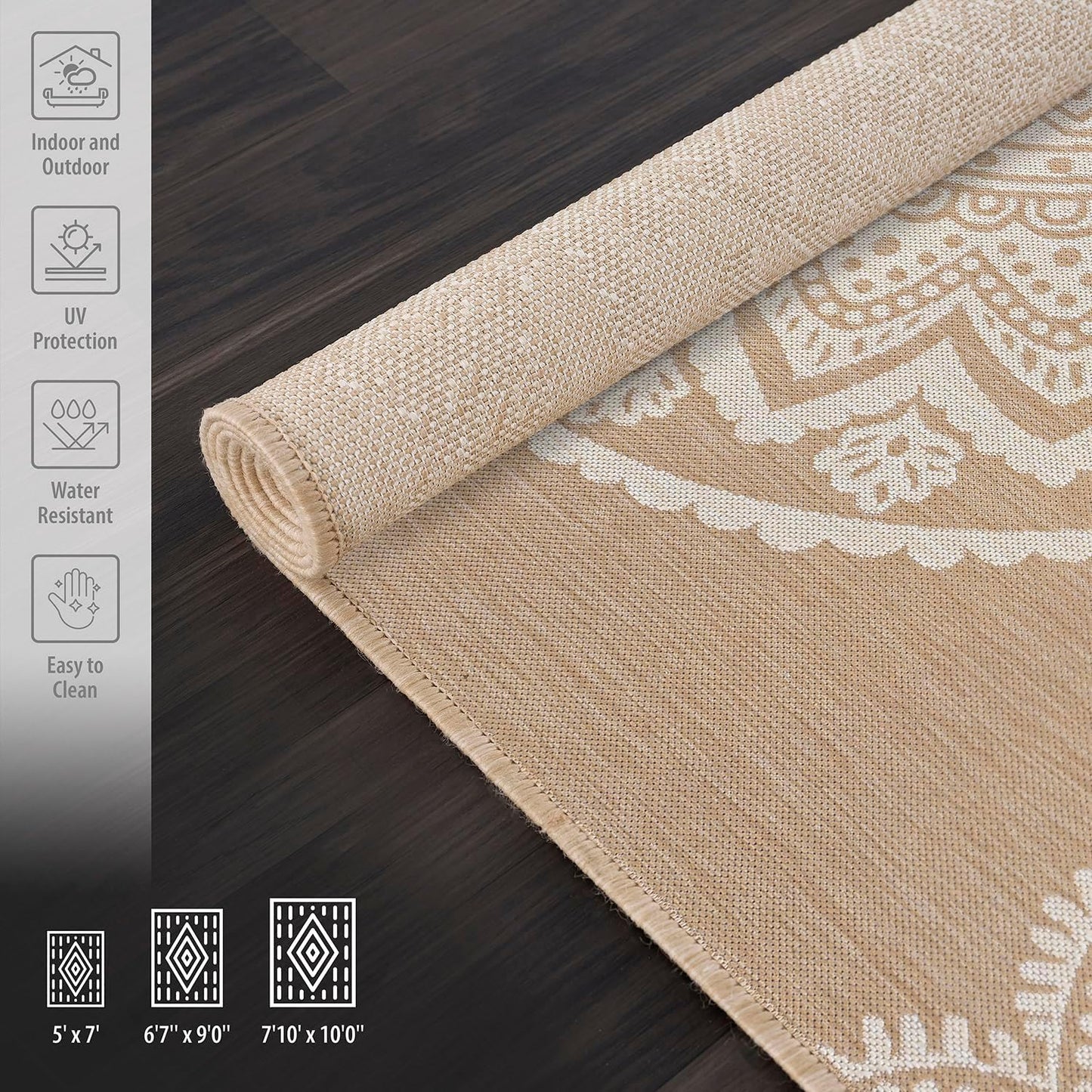 CAMILSON Outdoor Rug 6x9 Modern Area Rugs for Indoor and Outdoor Patios and Porches - Waterproof, Washable, Non-Shedding, Easy-to-Clean Outside Carpet (6 x 9, Medallion - Beige/White)