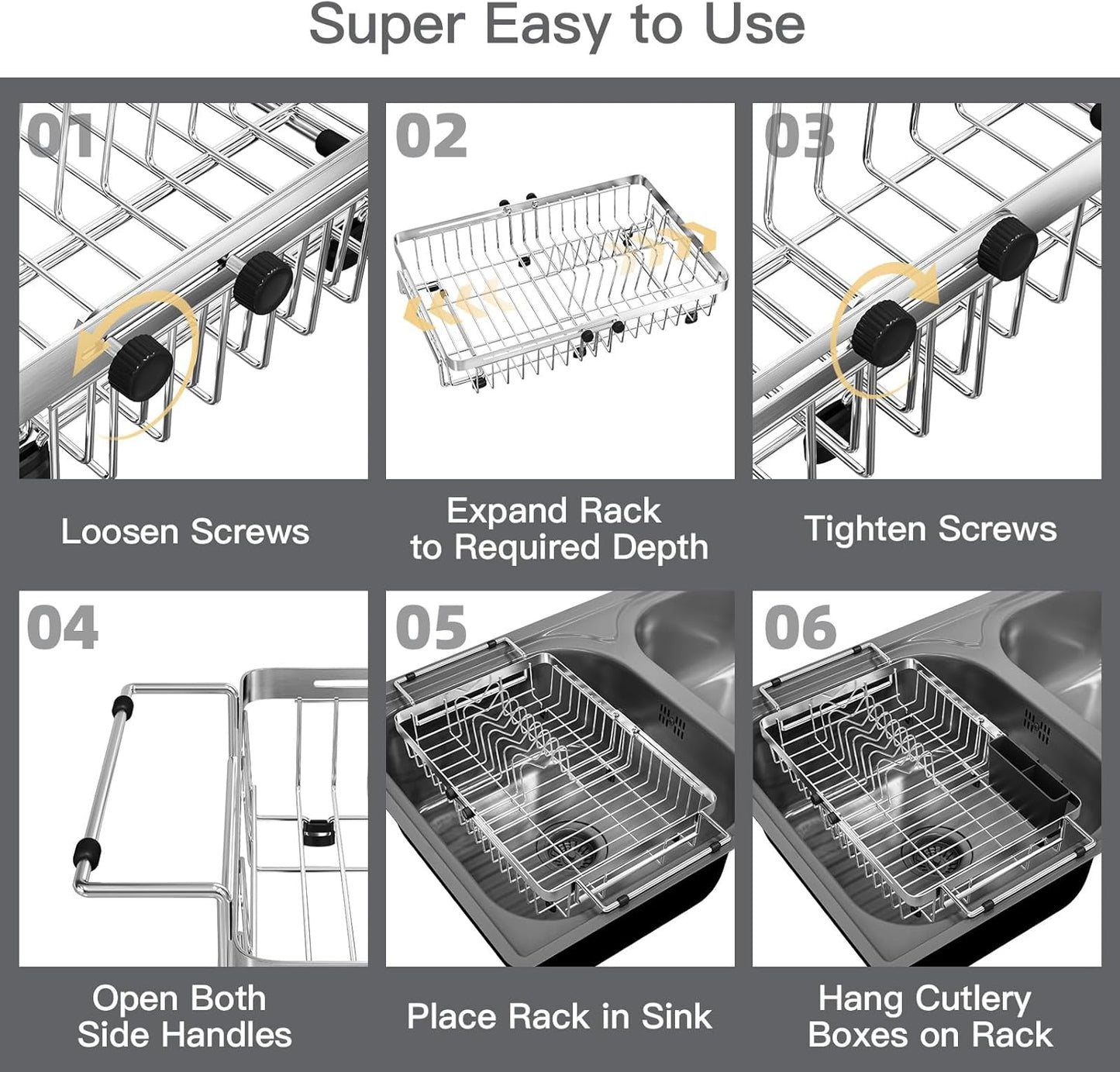 MAJALiS Dish Drying Rack Over The Sink, Expandable Stainless Steel Dish Drainer for Small Kitchen Counter Space Saving, RV Compact Plate Strainer In Silver Metal with Hanging Adjustable Utensil Holder