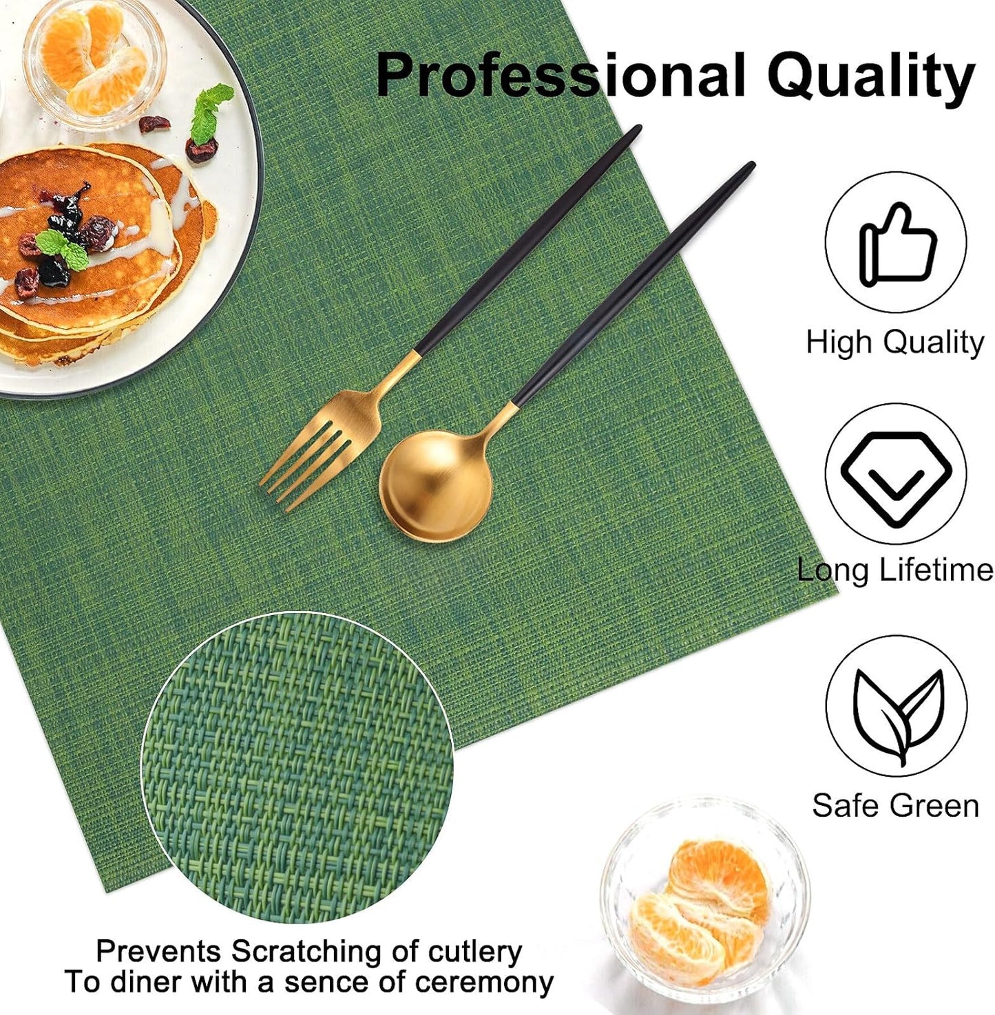 Vinyl Placemats Set of 4, PVC Woven Washable Non-Slip Table Mats, Heat Resistant Wrinkle Free Place Mats for Dining Table, Easy to Clean (4, Green)