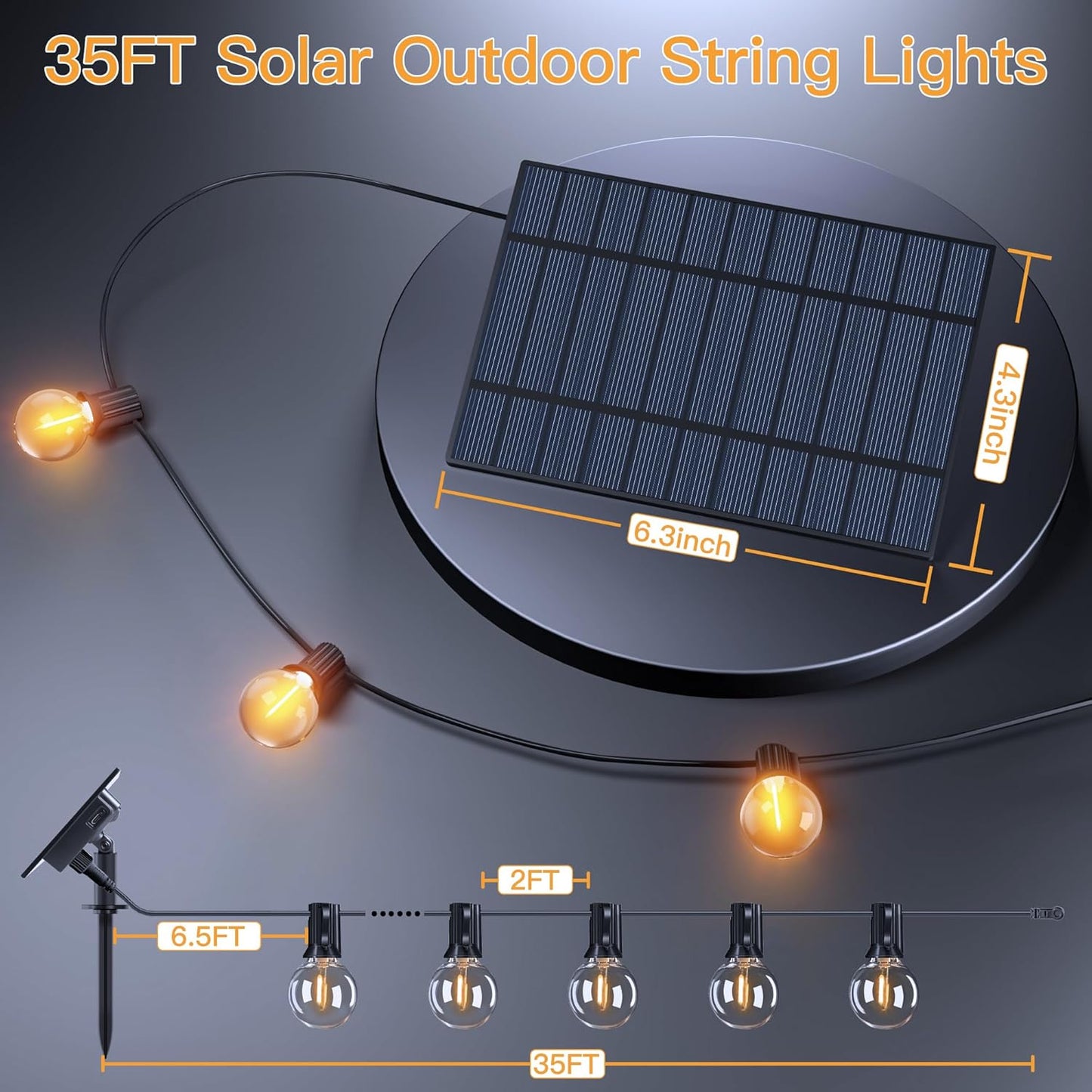 Ollny 35FT Solar Patio Lights, Waterproof Remote Control Dimmable Timers 3Modes Outdoor Light with 15 LED + 1 Spare Shatterproof Bulb, G40 String Lights for Outside Camping Backyard Tree Bistro