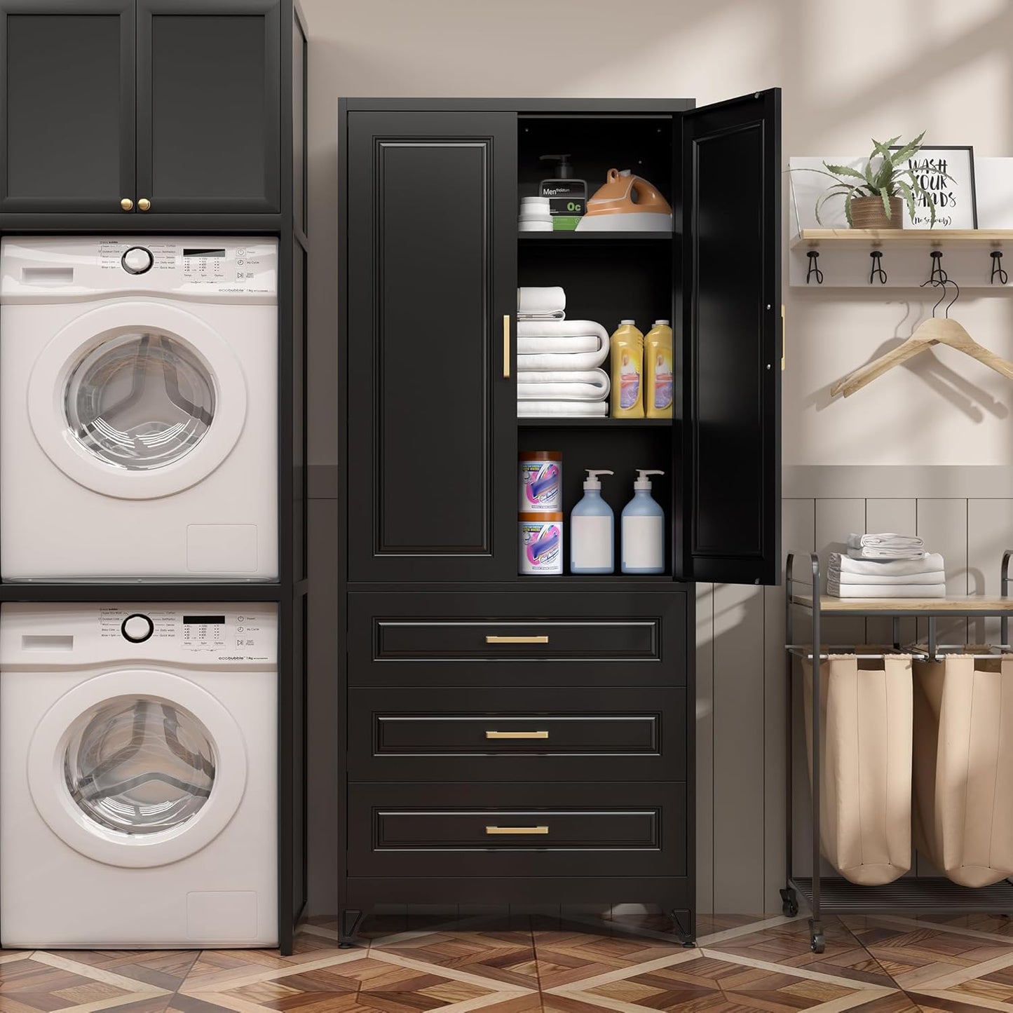 75" Kitchen Pantry Cabinet with 3 Drawers,Metal Storage Cabinets with Doors and 4 Adjustable Shelves,Black Kitchen Cabinet with 2 Gold Handles,Food Cupboard for Livingroom, Bathroom,Pantry - Lumora Casa