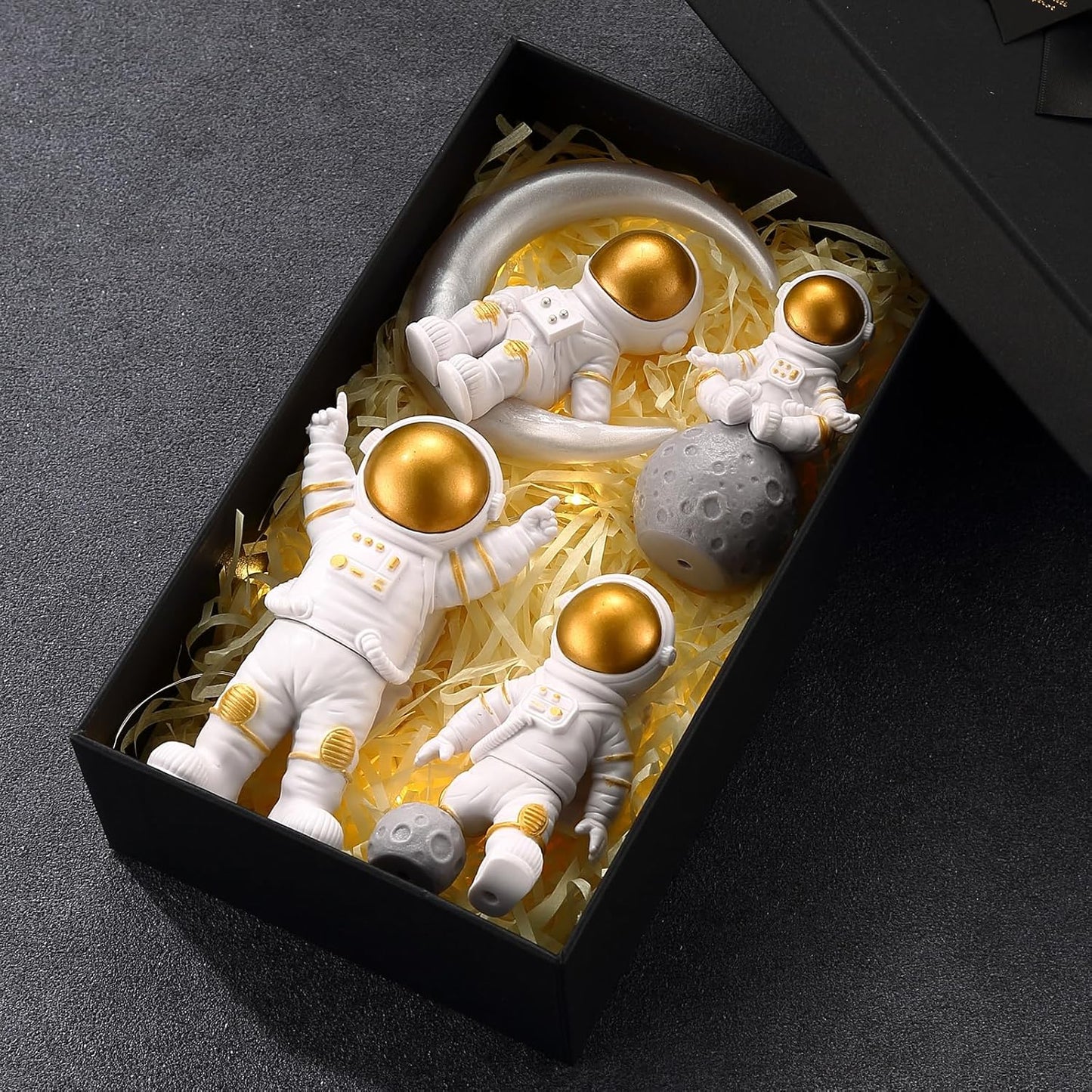 4 Pcs Gold White Astronaut Statues Set of 4, Spaceman Sculpture Figurines Outer Space Theme Decor for Nursery Room Topper (4, Golden)