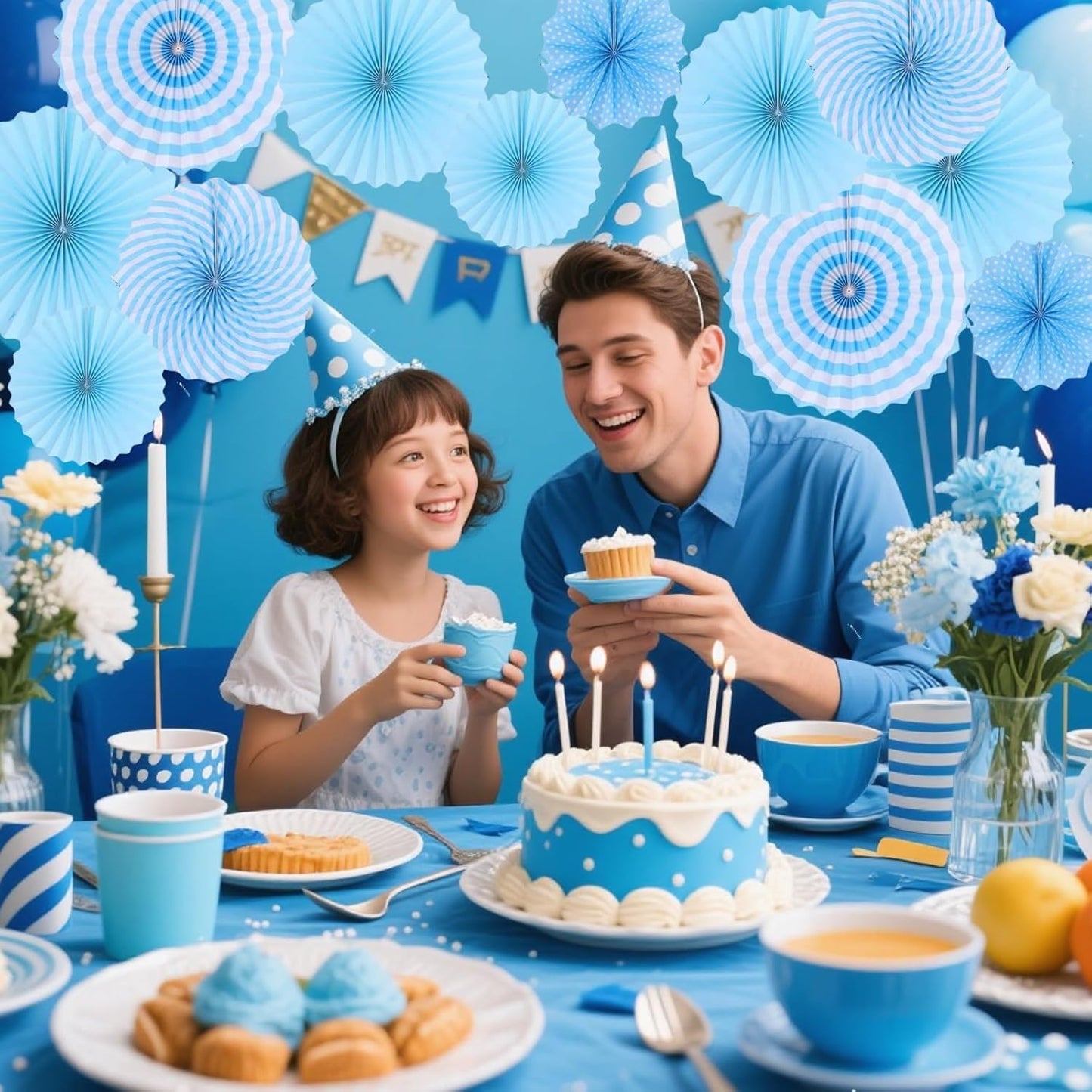 12PCS Light Blue Party Decorations, Hanging Paper Fans Party Set Round Pattern Paper Garlands Decoration for Baby Boy Shower Boy Birthday Graduation Bachelorette