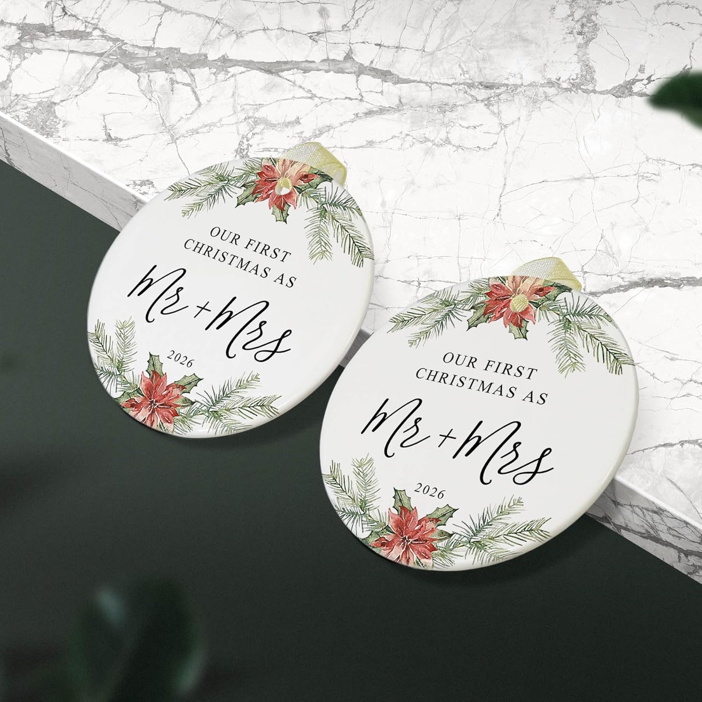 First Christmas as Mr and Mrs Ornament 2026,1st Year Wedding Ornament for Newlywed,Our First Married Christmas Ornament,Ceramic Hanging Decoration for Couples Just Married with Gift Box&Ribbon 2.9"