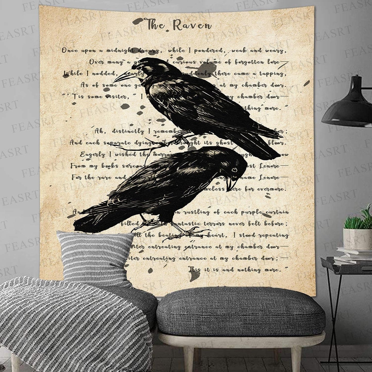 The Raven Wall Tapestry Nevermore Wall Decor Vintage Edgar Allan Poe Gothic Rustic Home Room Wall Hanging Tapestries 84x90 Inches for Living Room Bedroom Dorm GTQQAY1541