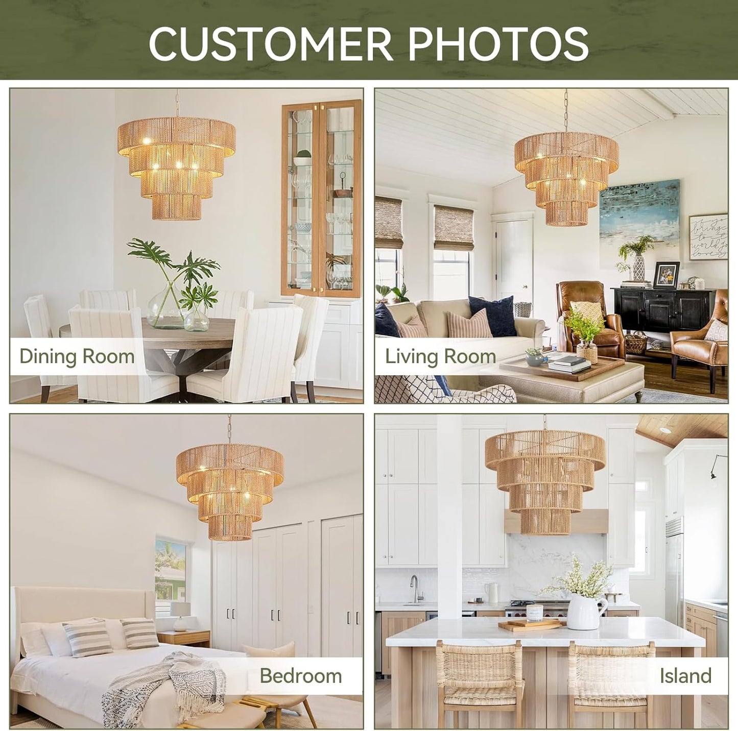 19.7” Boho Rattan Chandelier 6-Lights Hand-Woven Rattan Dining Room Light Fixture Vintage Farmhouse Chandelier Wicker Rustic Hanging Ceiling Pendant Light for Kitchen Island, Bedroom