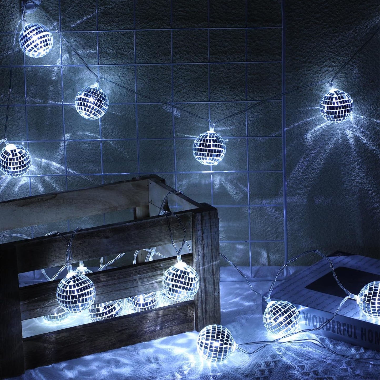 40 LED Disco Ball String Lights 70s Decorations 9.8 ft Mirror Disco Light Battery Operated Ball Globe Ornaments for Christmas Wall Tree Indoor Outdoor Party Supply(White Silver)