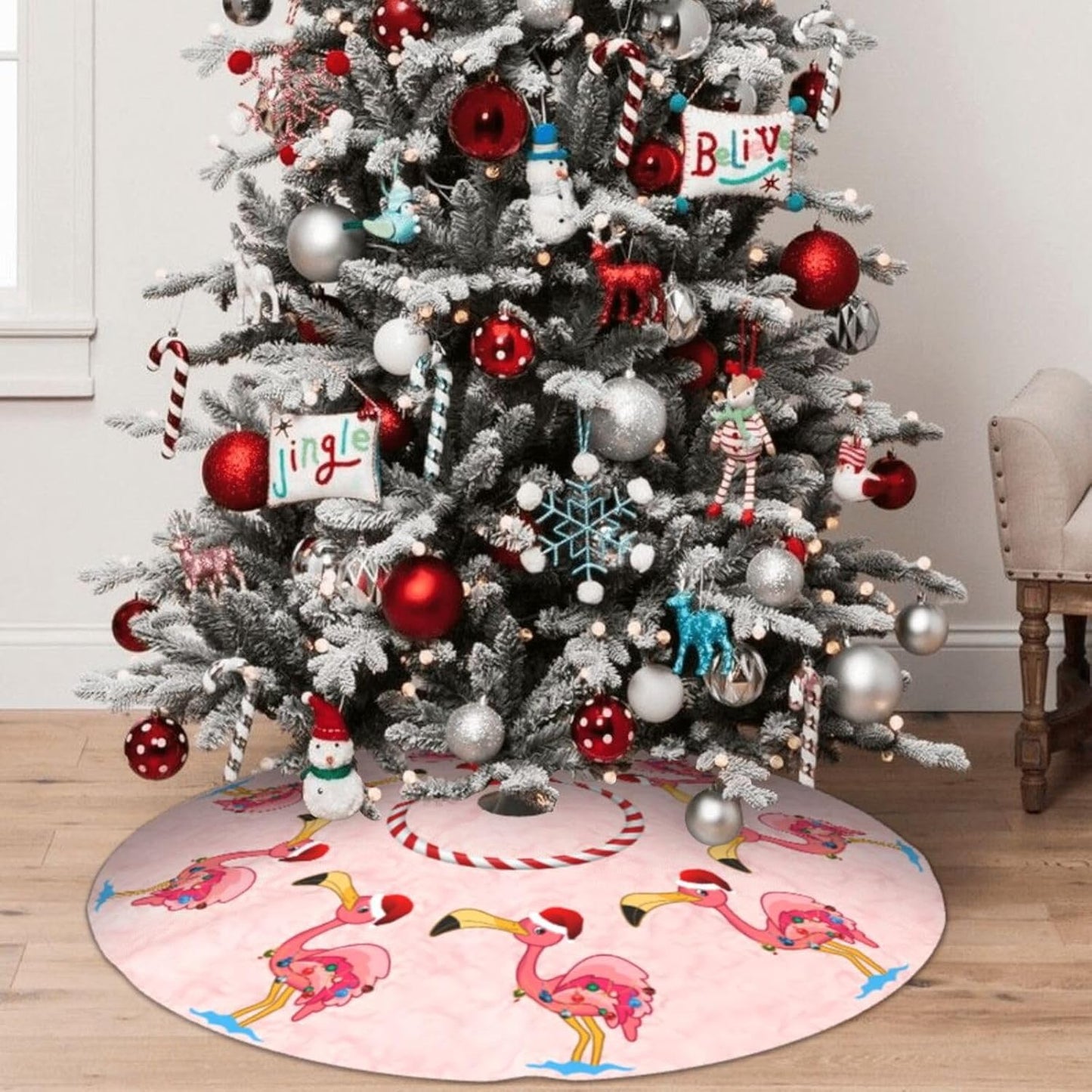 36" Large Christmas Tree Skirt, Christmas Decorated Flamingo Pattern Tree Mat Base Cover for Xmas Festive Holiday Party Decoration Ornaments