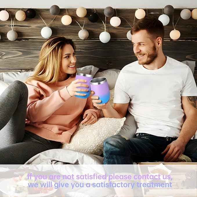 Volhoply 12oz Stainless Steel Wine Tumbler with Lid Bulk 4 Pack,Double Wall Vacuum Stemless Wine Glasses,Reusable Metal Travel Coffe Mug with Straw,Insulated Cup Gifts for Christmas(Lavender,4 Set)
