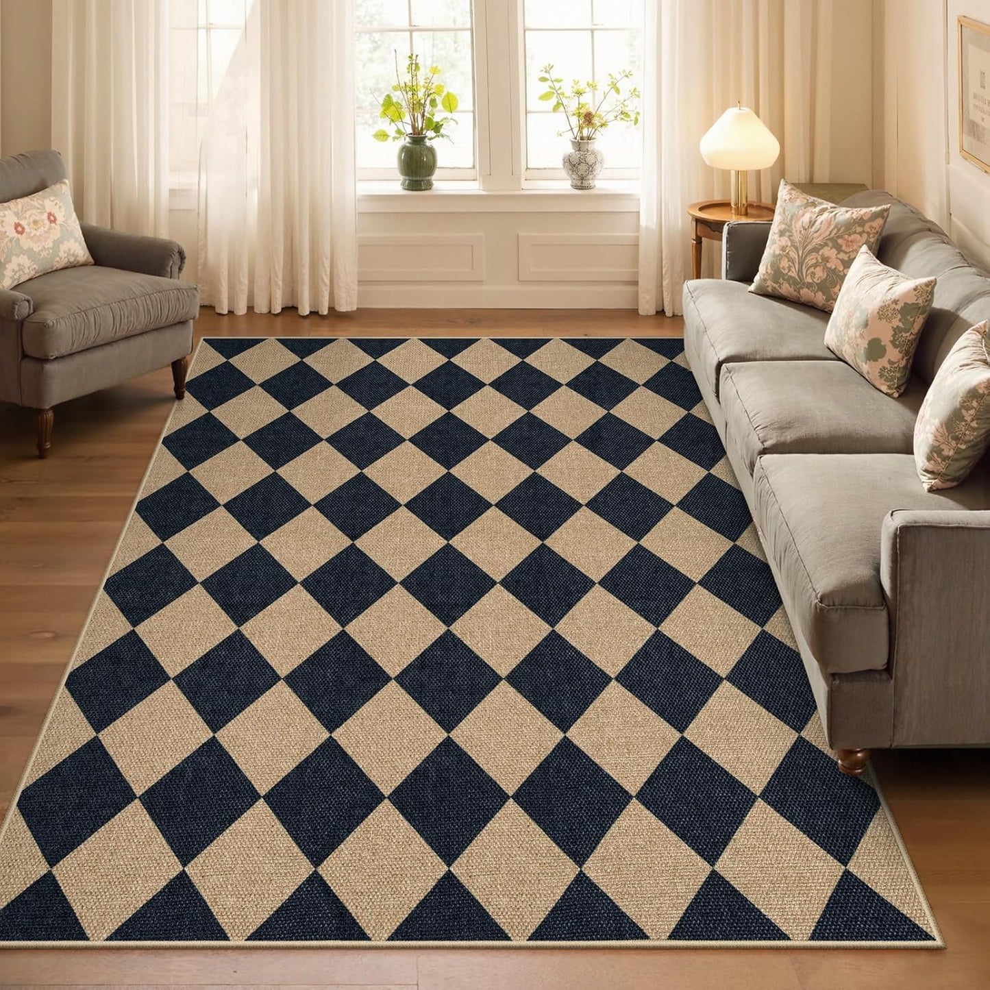 Lahome Checkered Easy Jute 5x7 Area Rugs, Washable Outdoor Patio Rug for Living Room Diamond Indoor Outdoor Carpet, Farmhouse Geometric Non Slip Black Carpet for Backyard Dining Room