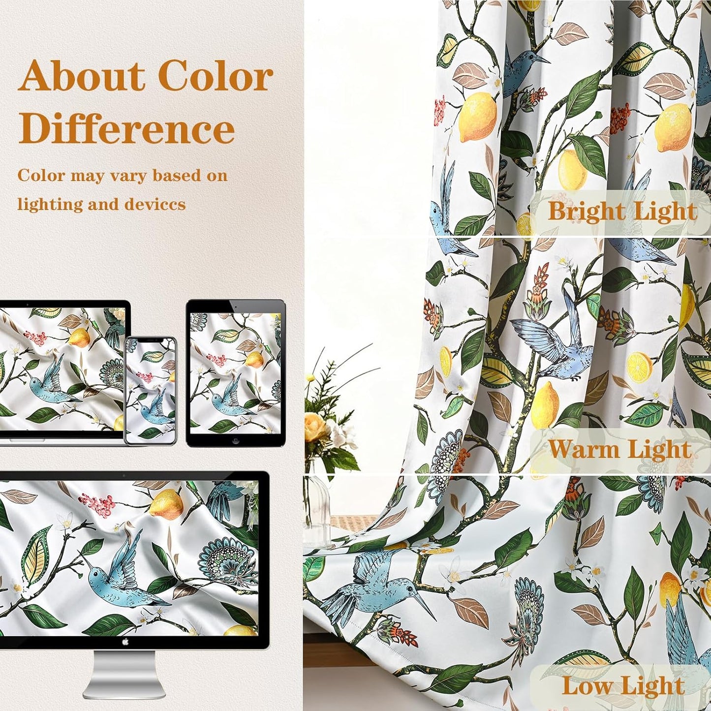 FRAMICS White Blackout Kitchen Curtains 36 Inch Length Birds Floral Bathroom Curtains Rod Pocket Lemon Short Curtain for Windows Cafe Basement Living Room Cabinet, 2 Panels