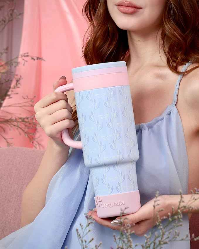 40 oz Insulated Tumbler with Handle and Push-Button Straw Lid, Stainless Steel Travel Cup for Gym Office, Leakproof, BPA-Free, Cup Holder Friendly, Bow Silicone Boot, Blue (Tulip Blue)