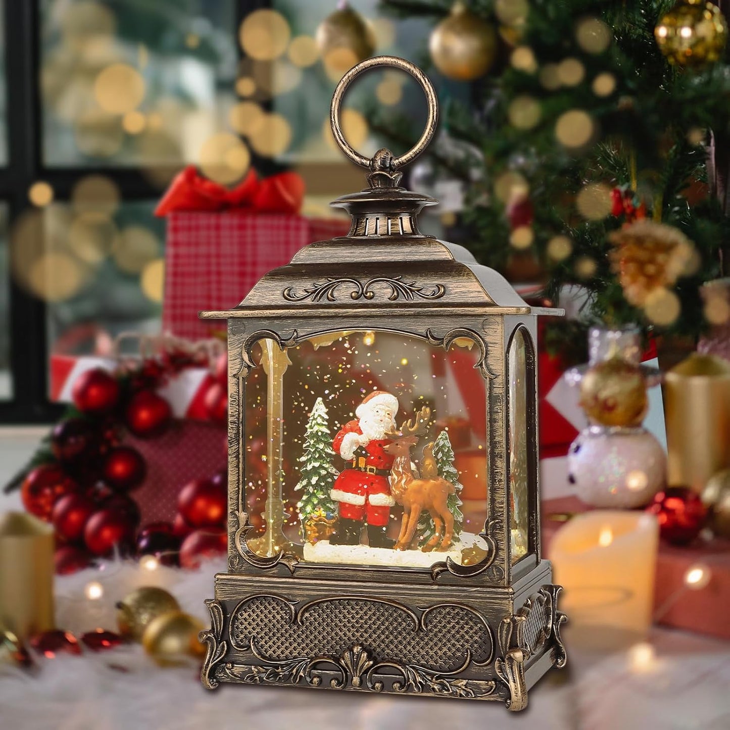 Christmas Snow Globes,Christmas Decorations for Home,with 6 Hour Timer,Musical Snow Globe,Battery Or USB Powered,Christmas Lantern,Christmas Festival Decor, Santas Reindeer