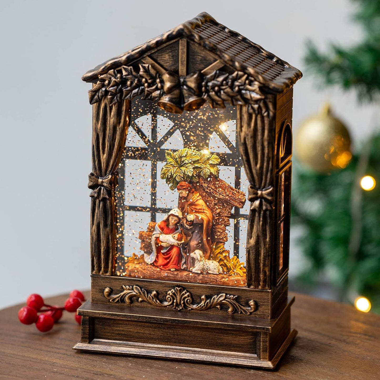 Christmas Snow Globe Swirling Glittering Holy Family Manger Scene, USB Lined/Battery Operated Lighted Water Lantern for Christmas Festival Decoration Gifts