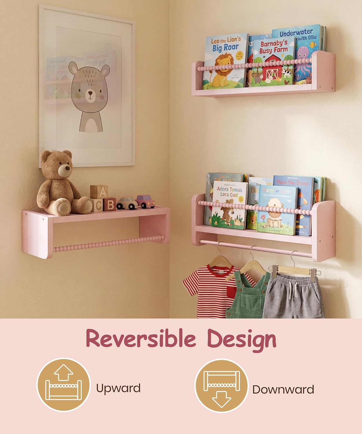 Nursery Book Shelves for Wall Set of 3, Pink Natural Wood Bookshelf Wall Decor, Small Floating Shelf Organizer for Kids Room, Bedroom, Kitchen Spice Rack