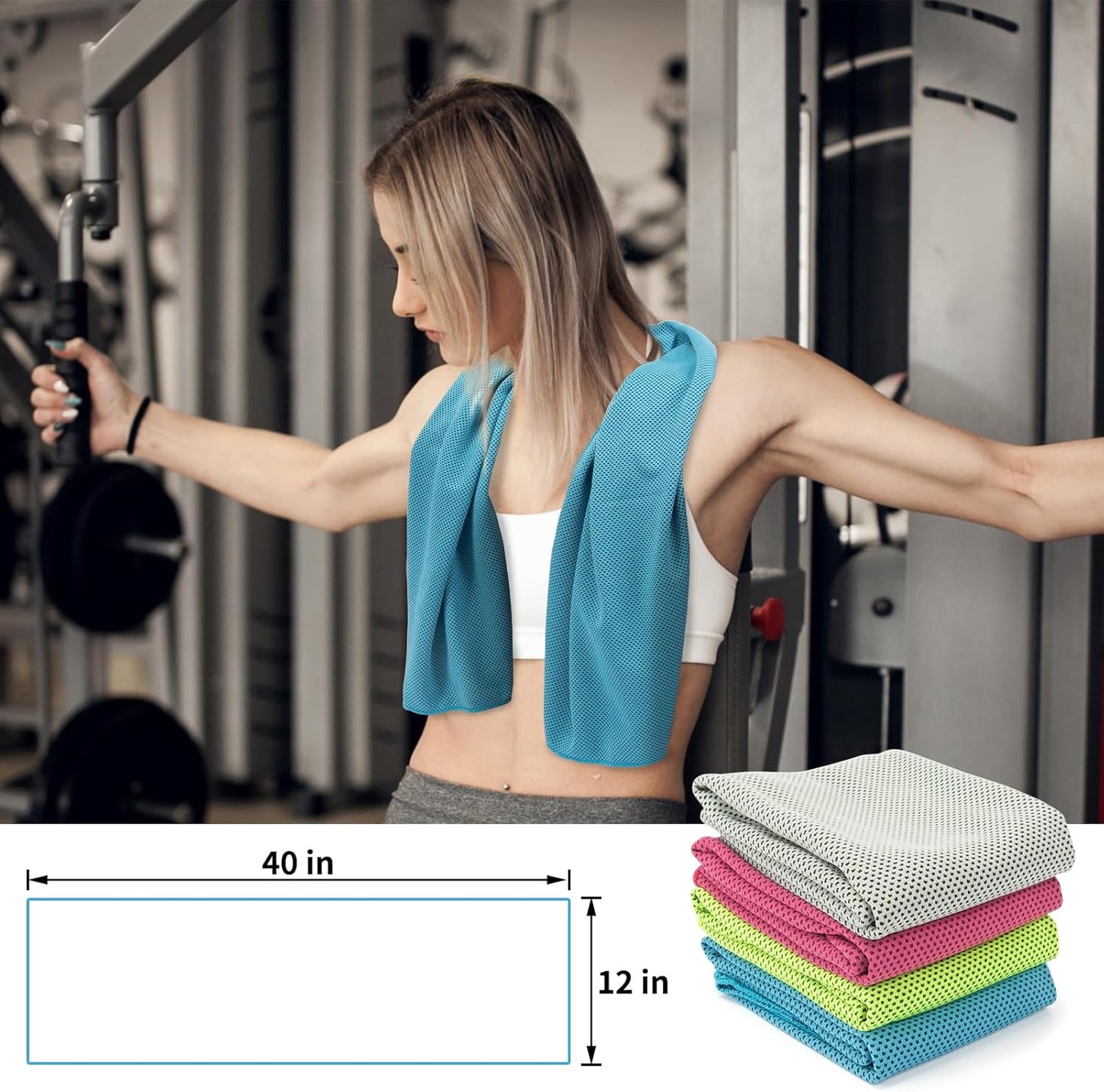 YESLIFE 4 Pack Cooling Towels 40"x12", Gym Towels for Men and Women, Soft Breathable Workout Towels for Yoga, Running, Sport, Workout, Camping, Fitness & More (Blue, Grey, Green, Pink)