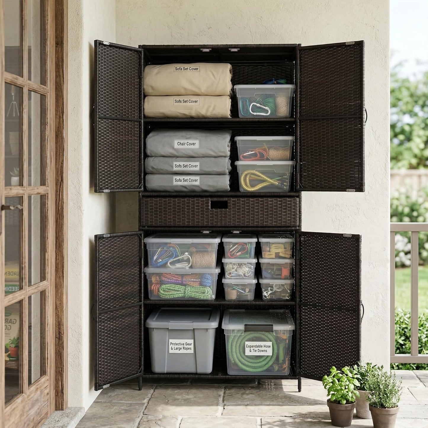 Wicker Outdoor Storage Cabinet - Rattan Pool Towel Storage Cabinet with Adjustable Shelves and Drawer, Brown+Black Tall Patio Cabinets Organizer with Doors for Garden, Backyard, Poolside