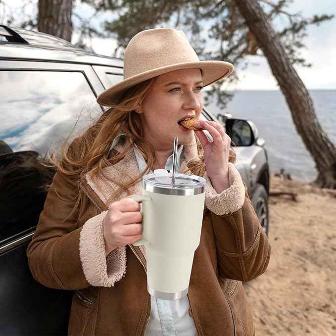 30 oz Tumbler With Handle, Double Wall Stainless Steel Vacuum Insulated Travel Mug with Splash-Proof Lid Metal Straw and Brush (Cream)
