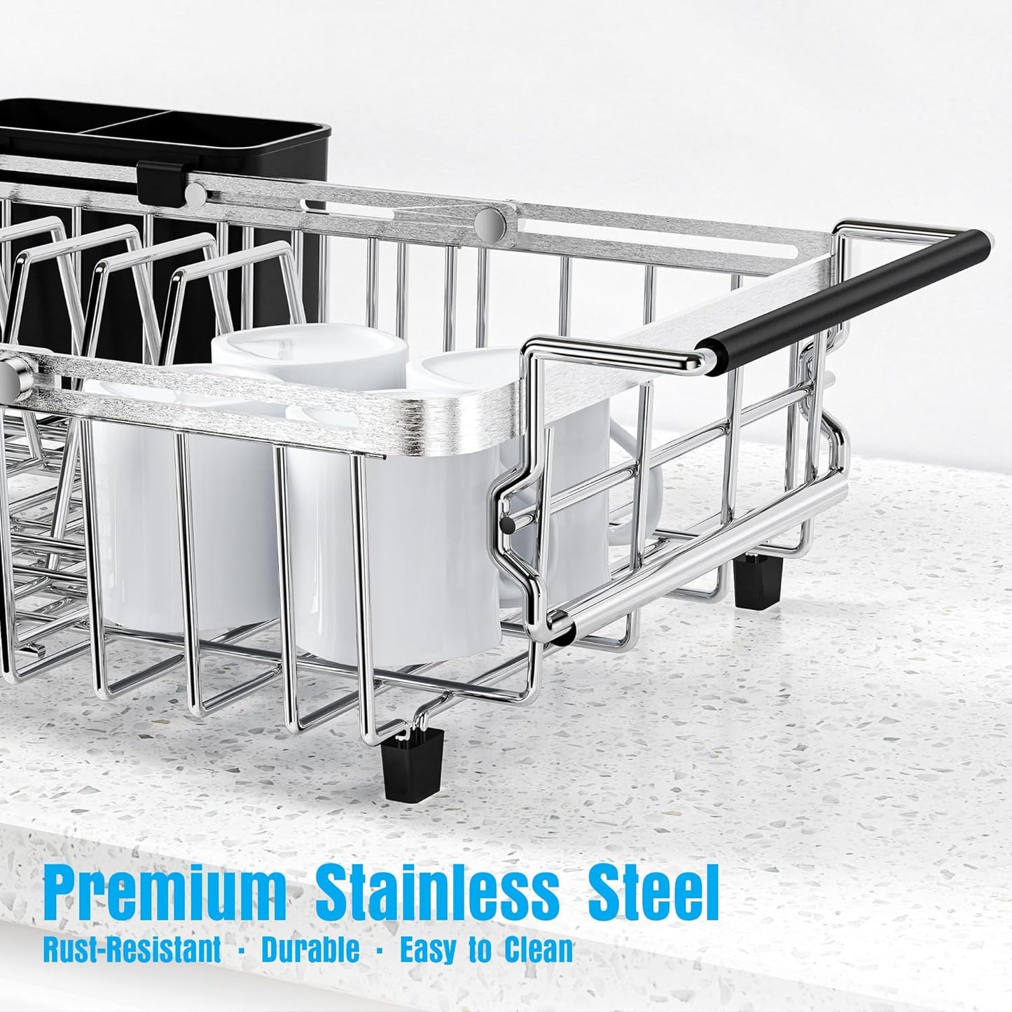 Expandable Over The Sink Dish Drying Rack, Anti-Rust Stainless Steel in Sink Dish Drainer with Cutlery Holder, Counter Space Saving Sturdy Sink Drying Rack for Many Kitchen Drain Task