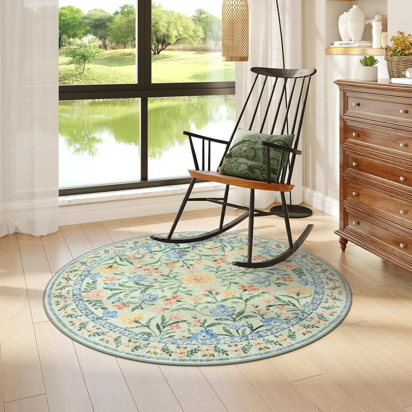 Wonnitar Washable Round Area Rug, 5ft Green Floral Round Rug Boho Soft Circle Carpet, Non Slip Low Pile Circle Accent Carpets for Kitchen Living Room Entryway Bedroom
