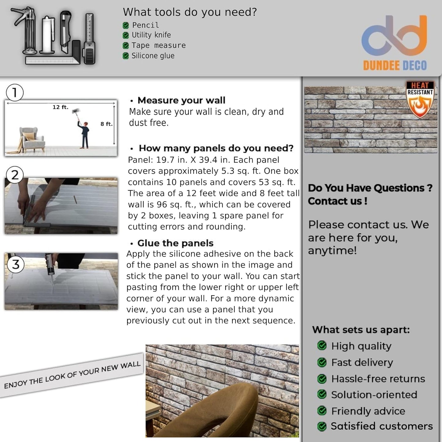 Dundee Deco 3D Wall Panels Faux Brick - Cladding, Light Brown Grey Stone Look Wall Paneling, Styrofoam Facing for Living Room, Kitchen, Bathroom, Balcony, Bedroom, Set of 10, Covers 53 sq ft