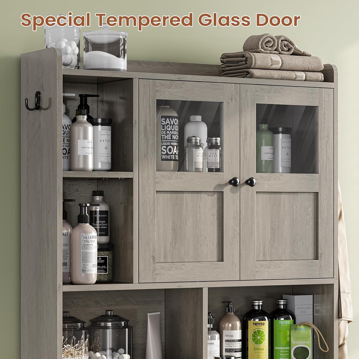 Itaar Over The Toilet Storage Cabinet, Over Toilet Bathroom Organizer with Glass Doors & Toilet Paper Holder Stand, Home Space-Saving Toilet Rack, for Bathroom, Restroom, Laundry, Grey - Lumora Casa