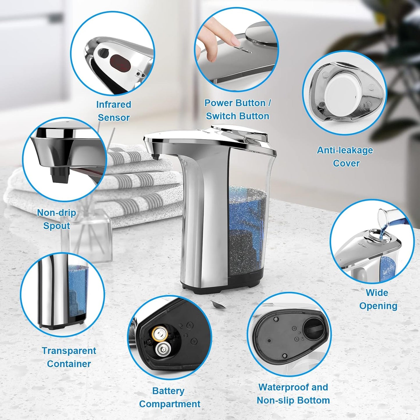 Automatic Soap Dispenser, Touchless Dish Soap Dispenser 17oz/500ml with Upgraded Infrared Sensor, 5 Adjustable Soap Dispensing Levels, Liquid Hand Dispenser for Bathroom (Silver Set)