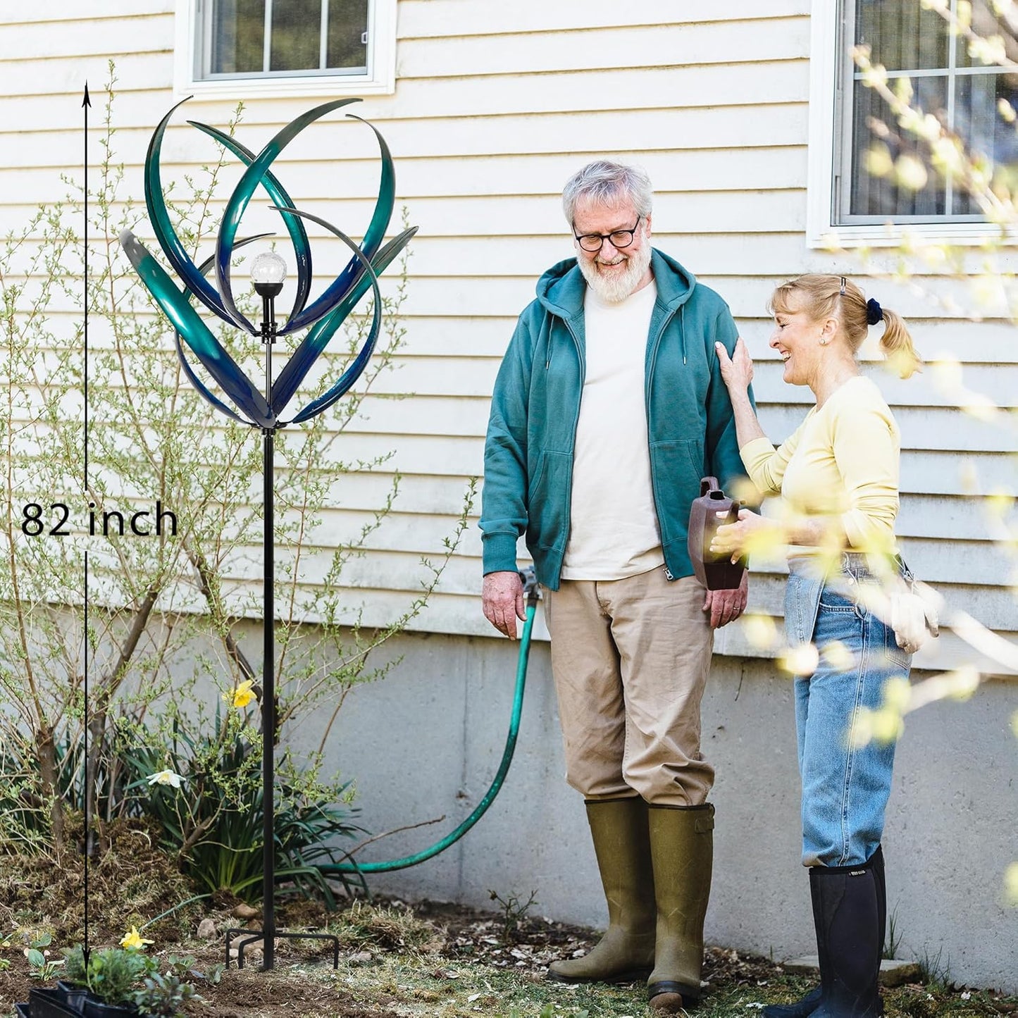 Outdoor Wind Spinners with Solar Light, 82'' Metal Large Spinner Yard Art, Peacock Blue Wind Sculptures for Garden Lawn Patio, Gifts for Family