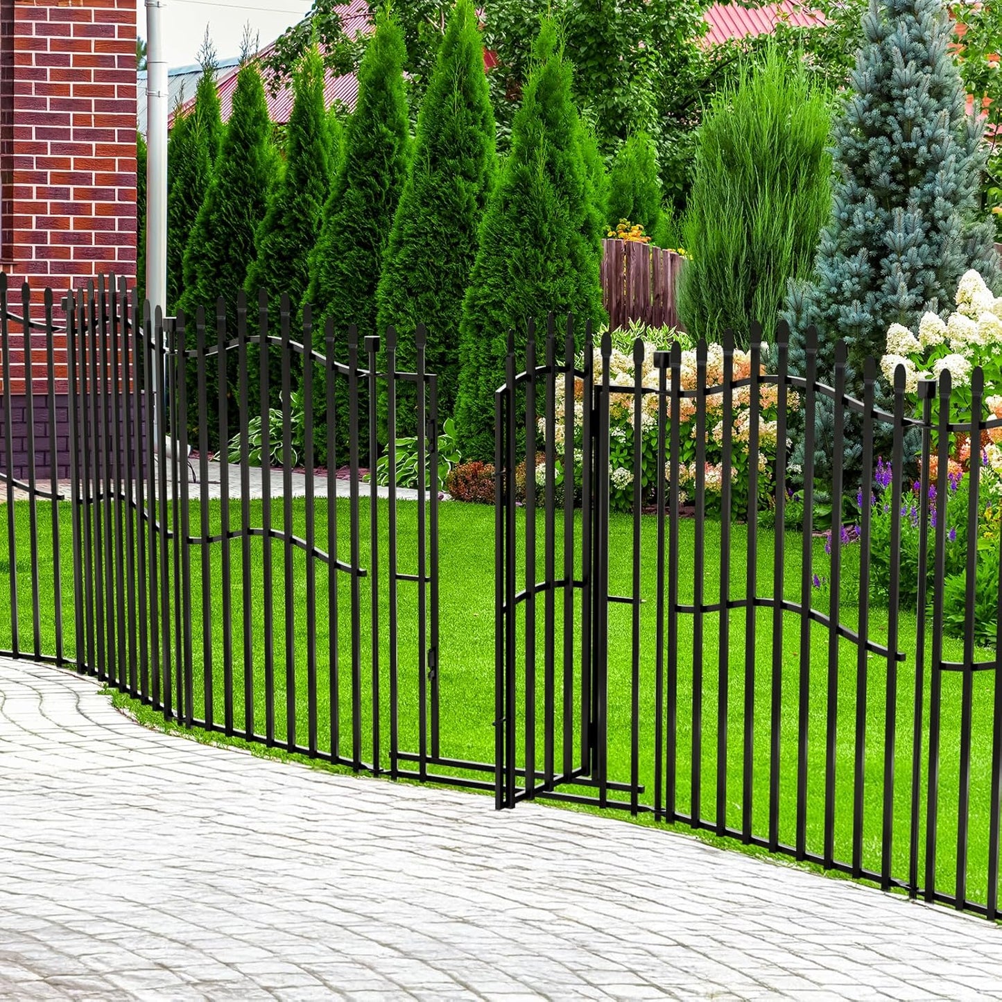 Tall No Dig Decorative Garden Fence with Gate - 5 Panels 40in H x 11.25ft L, Heavy-Duty Square Tube Animal Barrier, Rustproof Outdoor Dog Fence for Yard & Patio