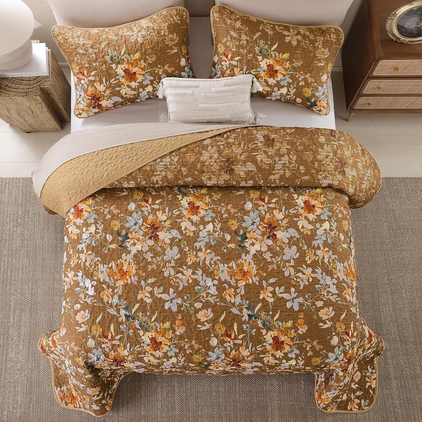 Dobuyly Brown Quilt Set Queen Size, Floral Bedspreads Coverlet Set, 3 Pieces Soft Lightweight Microfiber Farmhouse Botanical Quilt Bedding Set for All Seasons 96"x90"
