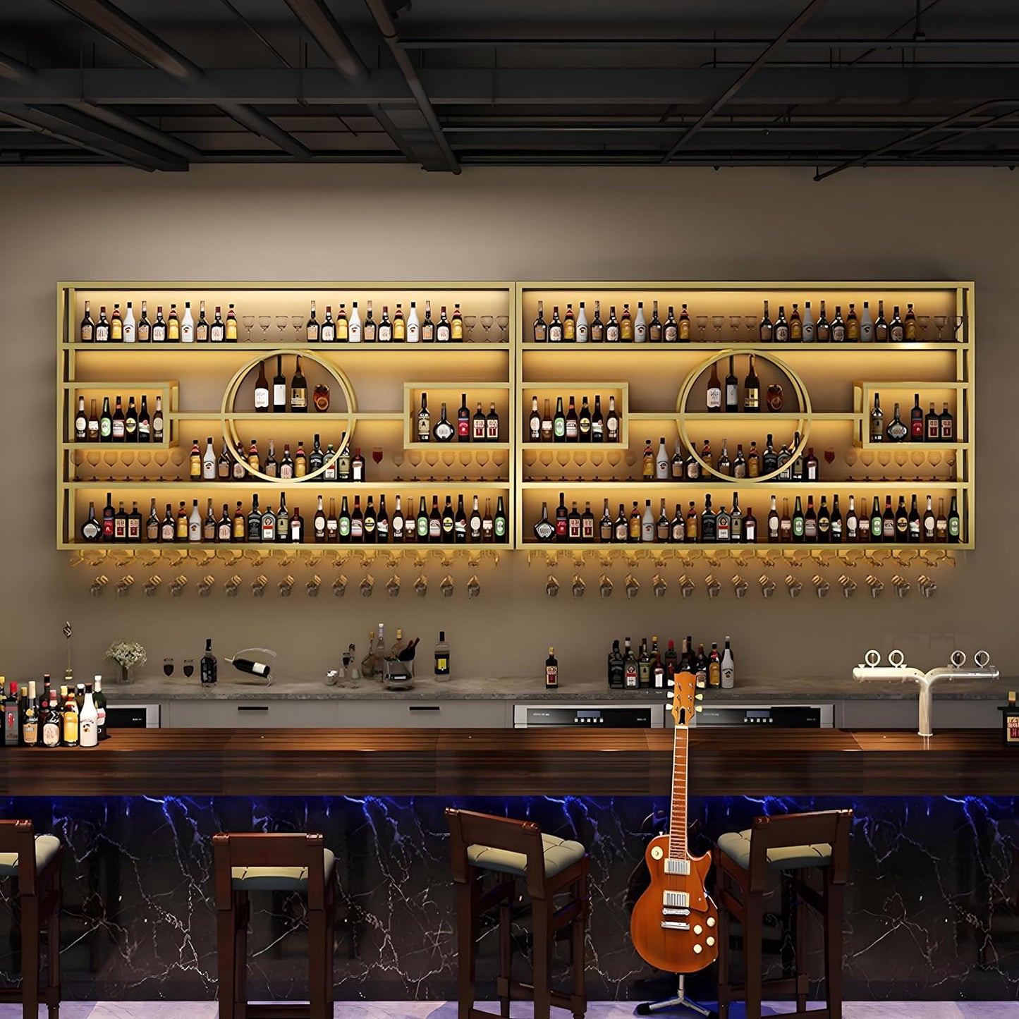 47.2in Wall Mounted Wine Rack, Modern Metal Wine Bottle and Glass Holder, Iron Display Stand Decorative Wine Rack, for Bar Living Room Dining Room Background (Gold, 47.2 * 8 * 51INCHES)