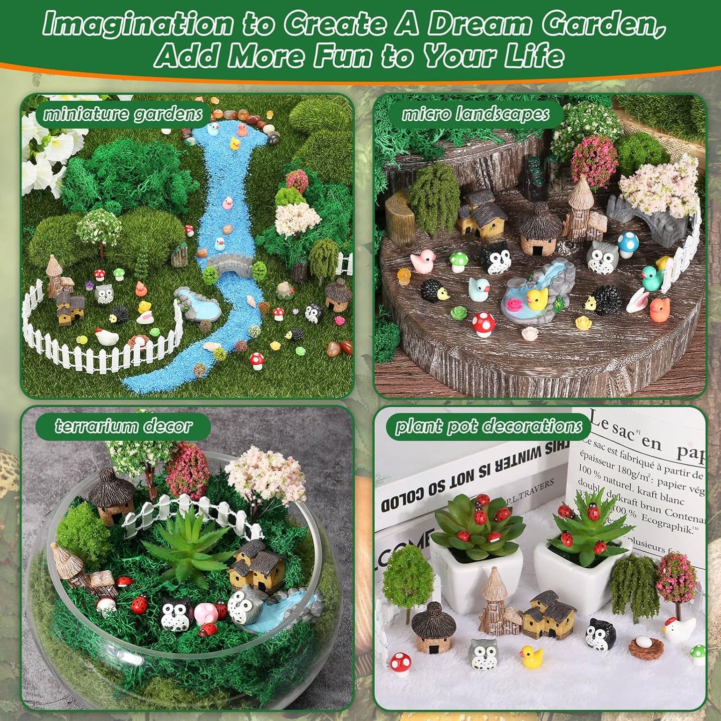 Thrilez 210 Pieces Miniature Fairy Garden Accessories, Including Resin Animals, Miniature Figurines, Micro Landscape Ornaments Kit, Fake Diorama Trees for Fairy Garden Decor