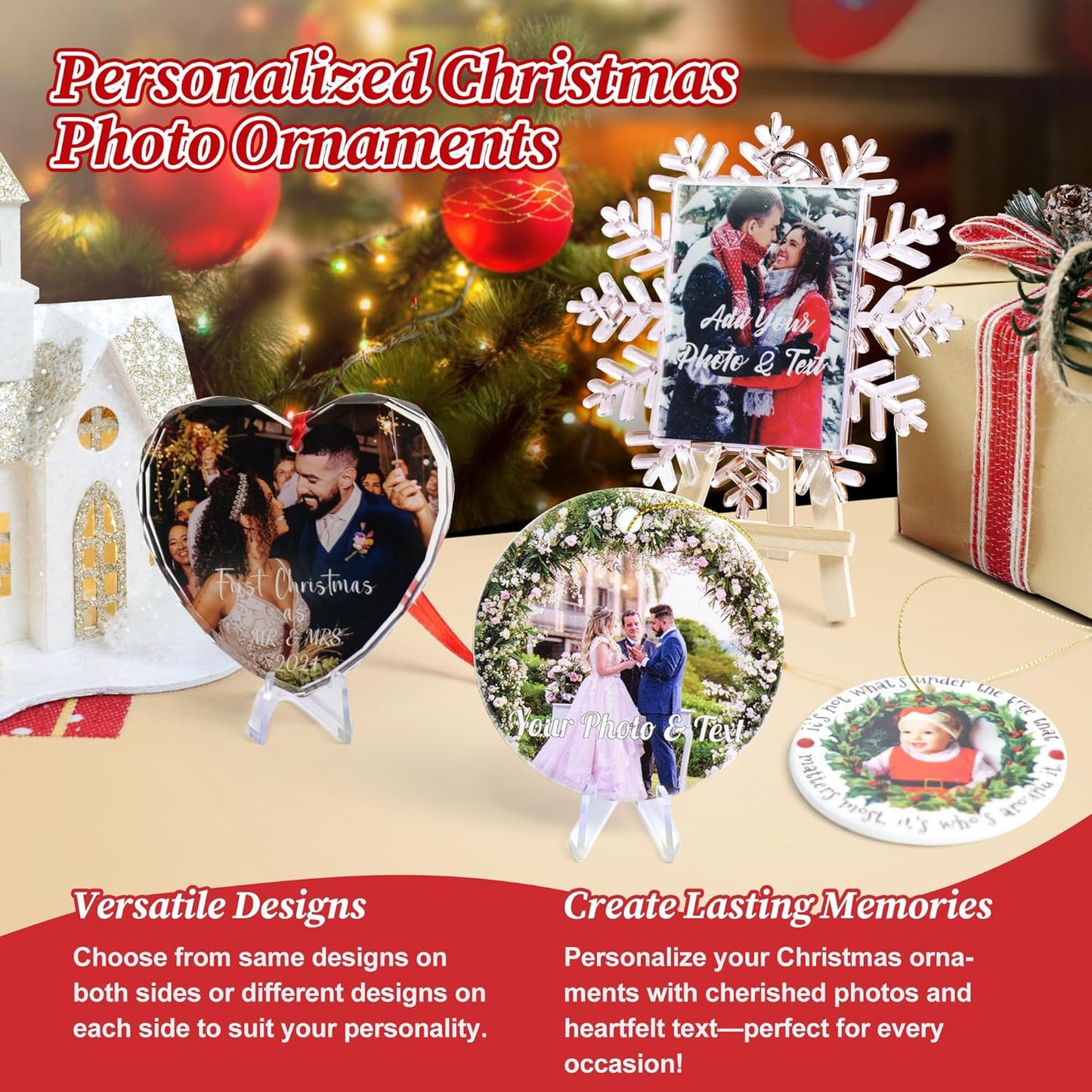 Double Sided Personalized Christmas Ornaments with Photo Custom Christmas Ornament 2025 Customized Xmas Wreath Ornaments for Family Friend Dog Gift - Ceramic, Glass, Wood, Acrylic Materials