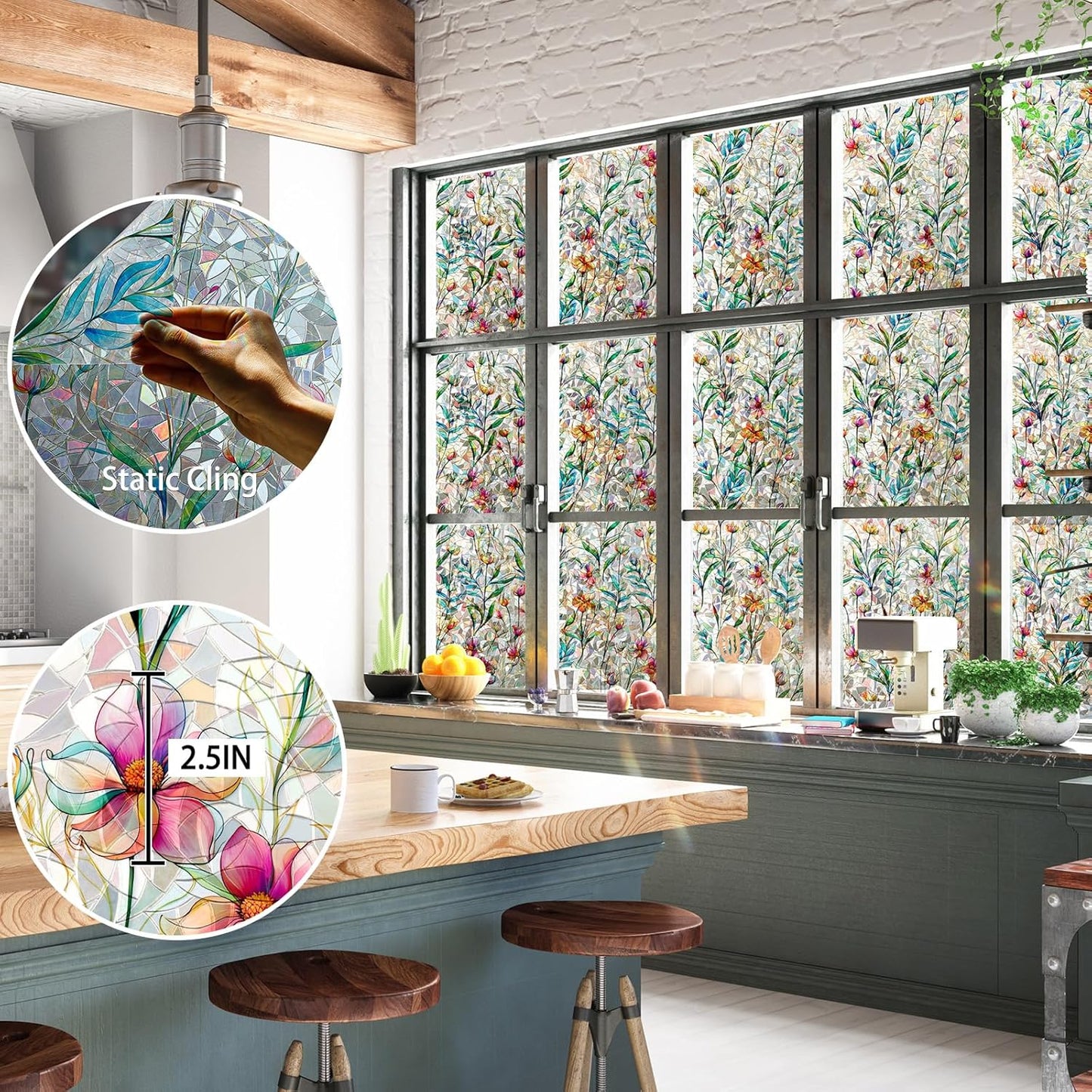 Rainbow Window Privacy Film 3D Floral Decorative Stained Glass Window Film Anti UV Non-Adhesive Reusable 23.6" x 78.7" for Home Room Car Glass Cling