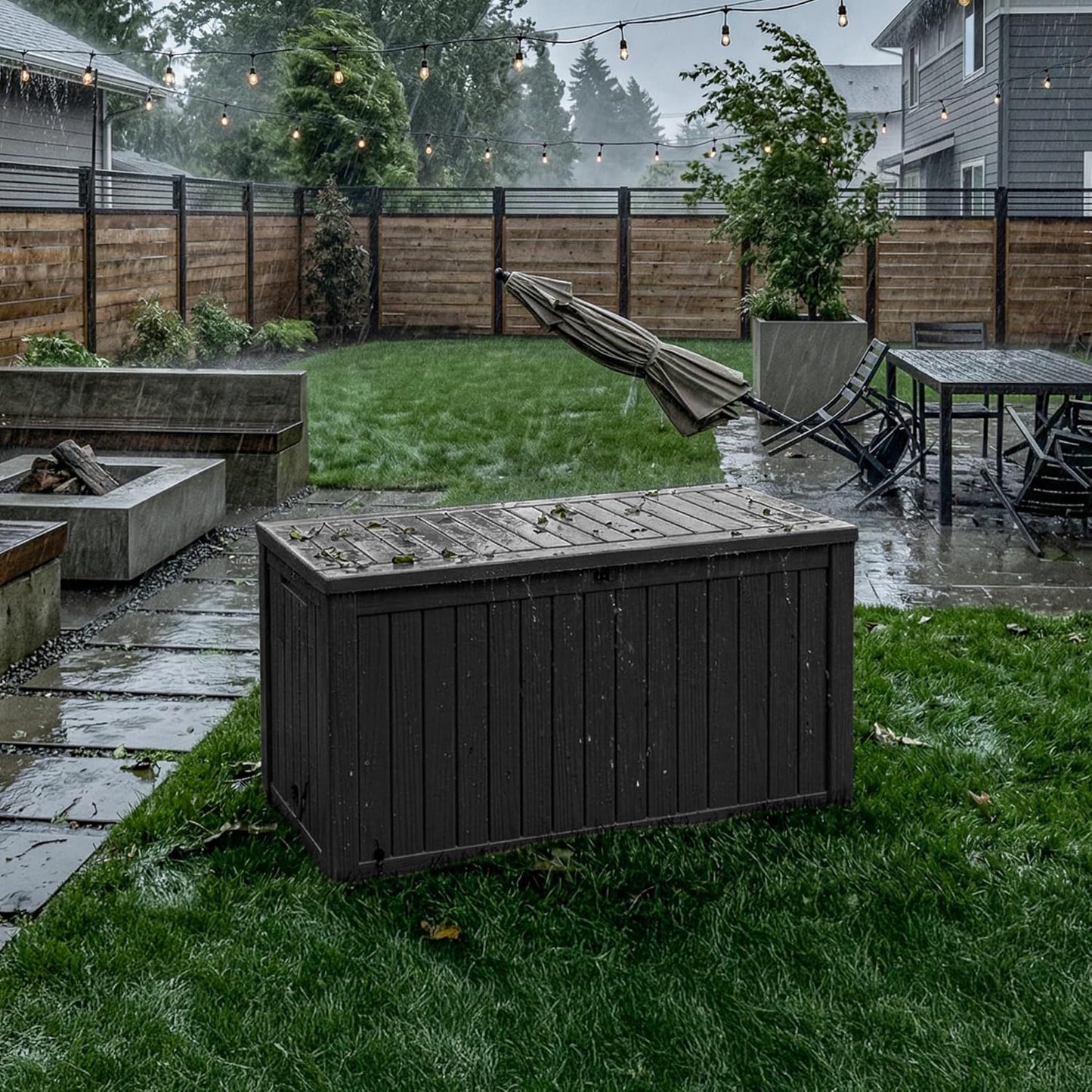 200 Gallon Outdoor Storage Deck Box Waterproof Resin Lockable Outside Bench Porch Patio Furniture Pool Float Garden Tool Cushion UV Resistant Bin Black
