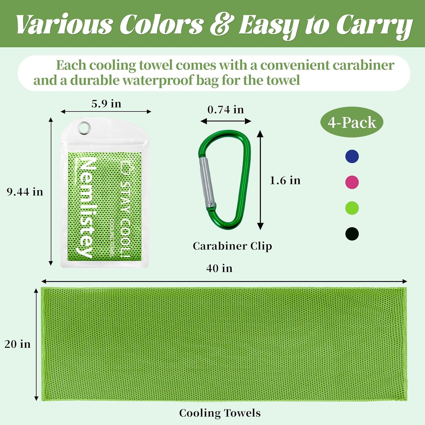 4 Pack Cooling Towels, Soft Breathable Cooling Towels for Neck and Face, Microfiber Gym Towels for Men and Women with Waterproof Bag & Carabiner, Sweat Towel for Yoga, Golf, Hiking, Running