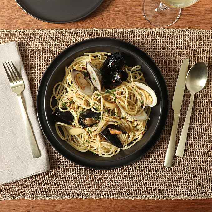 Gibson Elite Overbrook 16-Piece Pottery Clay Stoneware Dinnerware Set – Black Reactive Glaze, Stackable Plates and Bowls W/Pasta Bowl, Service for 4 – Microwave & Dishwasher Safe