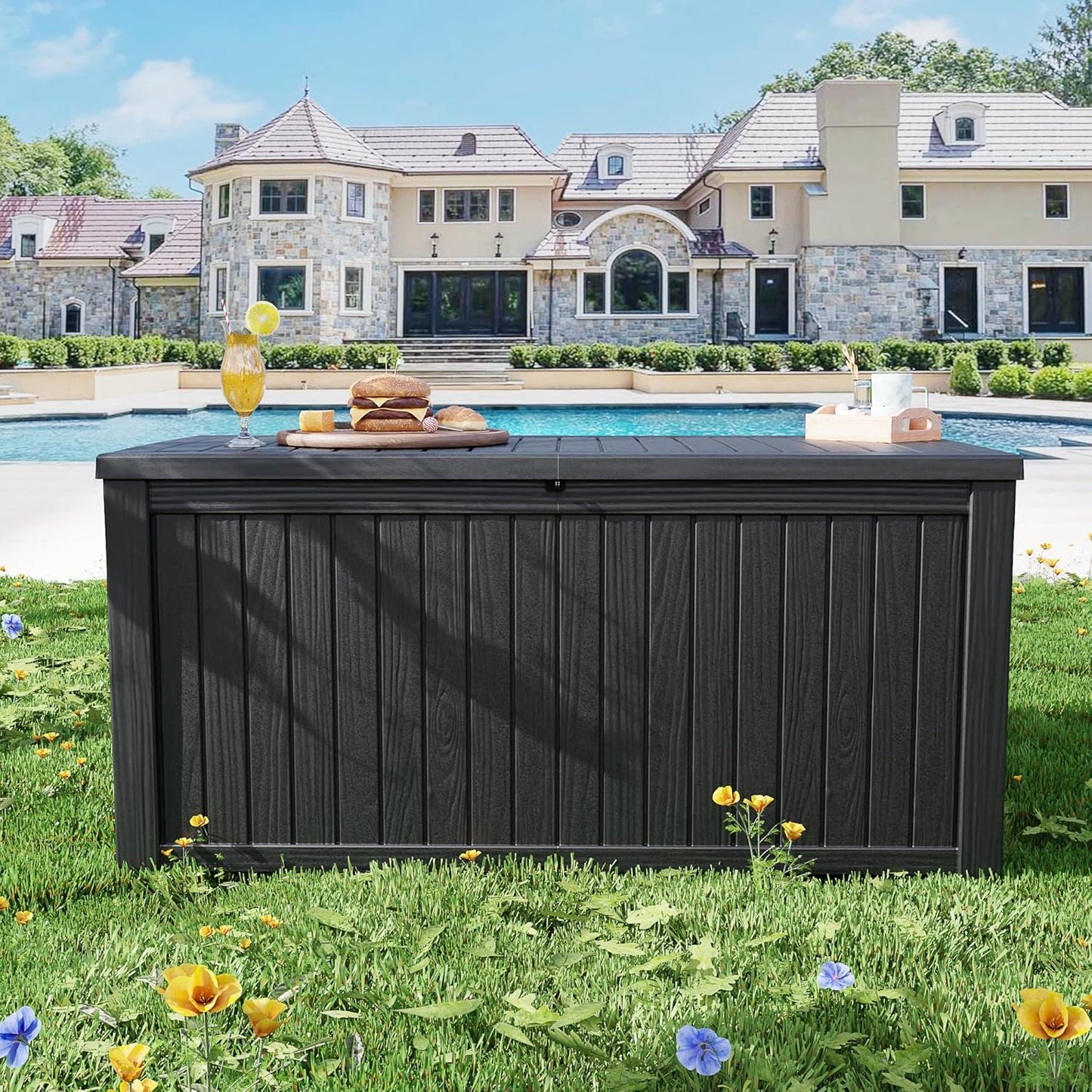200 Gallon Deck Box, Resin Outdoor Waterproof Storage Box, Lockable Storage Box With Handle for Patio Furniture - Garden Tools - Swimming Pool Tools UV Resistant, Black - 200