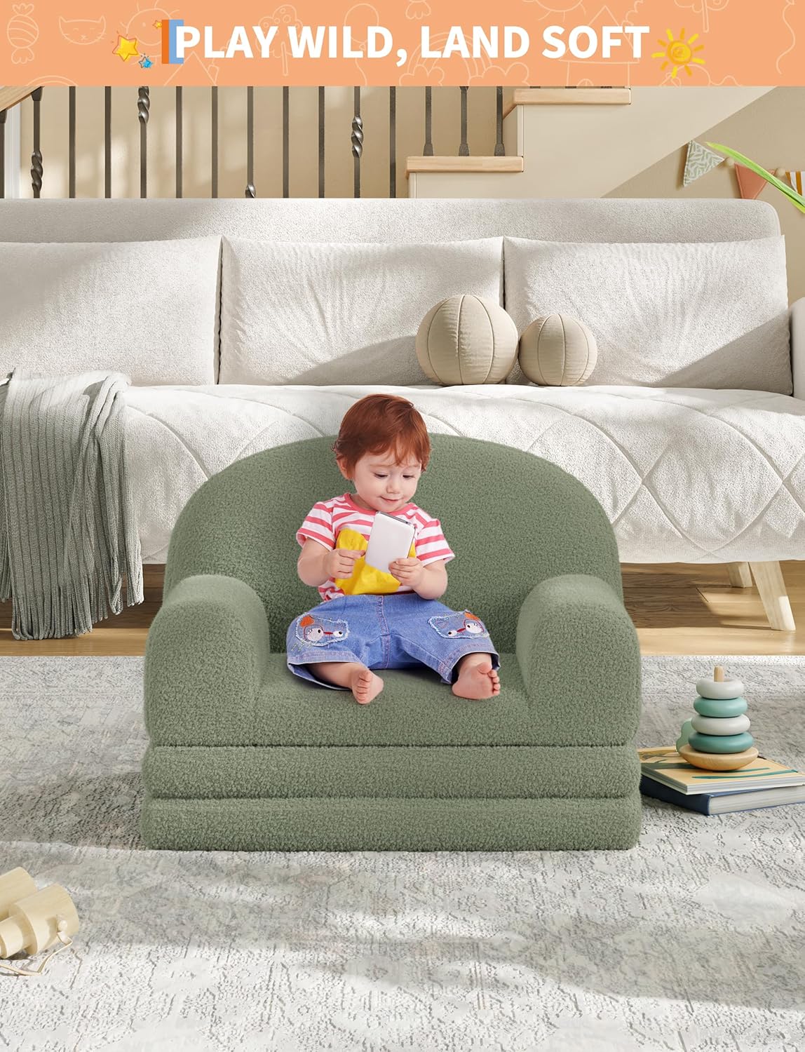 GarveeHome Kids Couch, 2-in-1 Comfy Toddler Couch Fold Out, Convertible Sofa to Lounger Foam Kids Chair with Soft Sherpa, Gift for Girls and Boys (Green Moon)